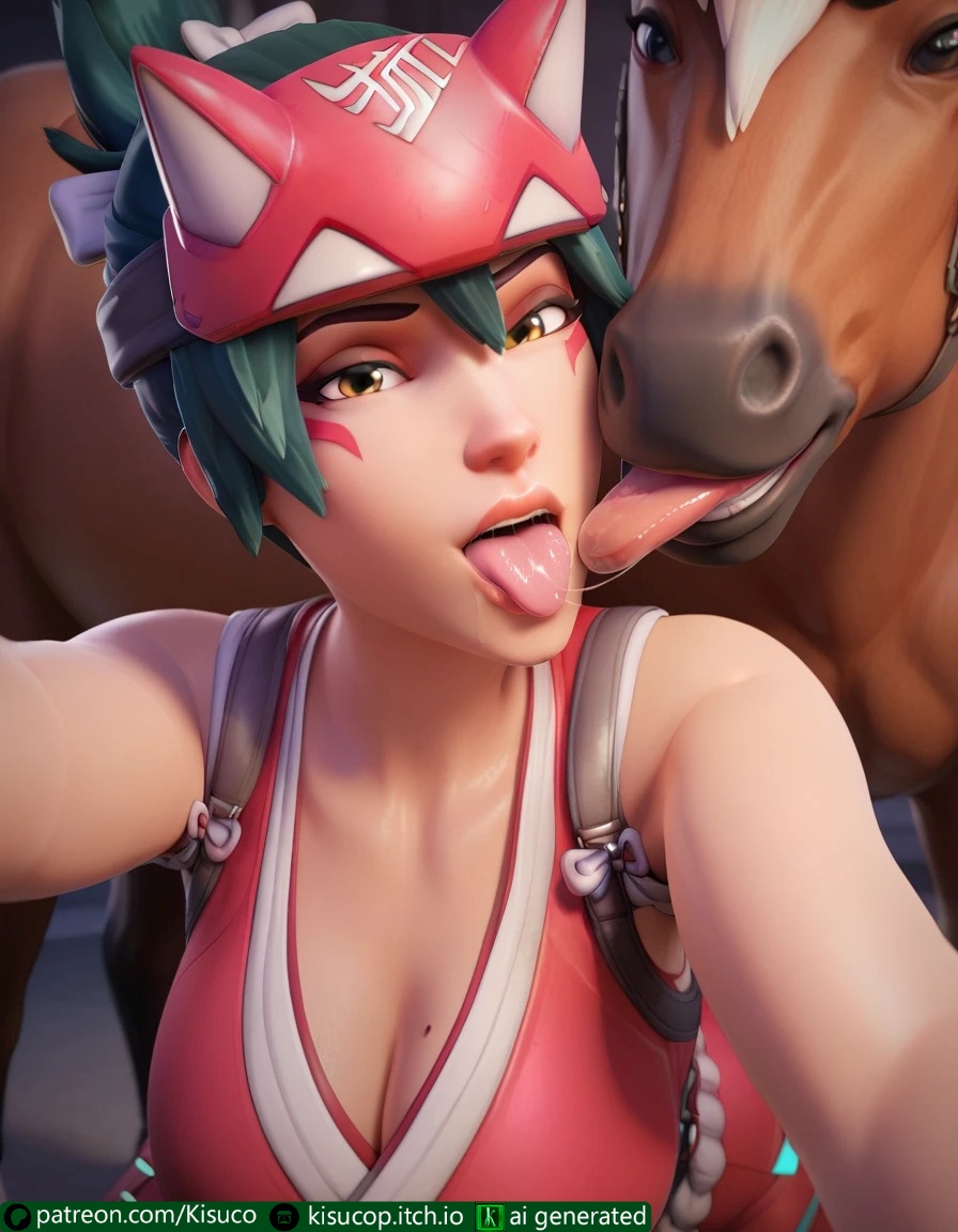 ai_generated asian_female bestiality_kiss blush_lines collar couple_focus couple_love earrings faceless_feral female_kissing_feral feral green_hair horse kimono_down kiriko_(overwatch) kissing kissing_horse kisuco lace_bra lingerie looking_at_partner looking_pleasured ninja_girl overwatch overwatch_2 pale-skinned_female saliva_string selfie_pose sweatdrop sweaty_body zoophilia