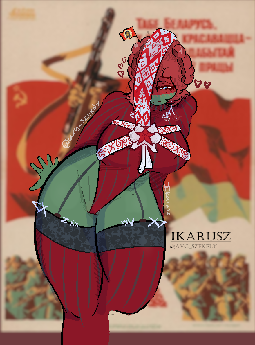 1girls alternate_version_available avg_szekely belarus_(countryhumans) belarusian_flag big_breasts black_sun_symbol blue_eyes blush bodysuit breasts busty busty_female communist countryhumans countryhumans_girl hammer_and_sickle ikarusz leotard national_personification red_hair slavic solo solo_female solo_focus soviet tagme thick_legs thick_thighs thighs