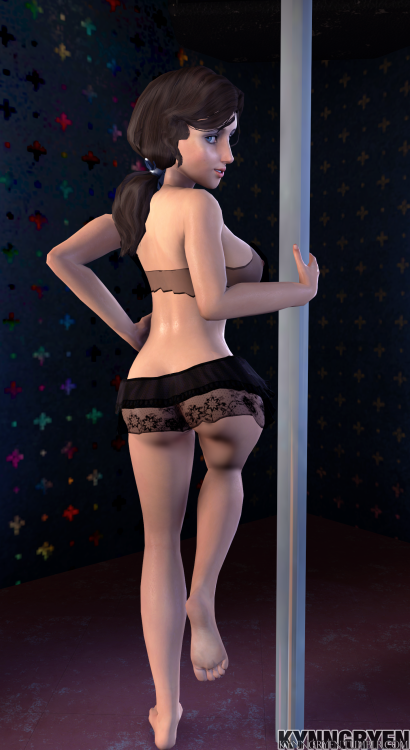 3d ass big_breasts bioshock bioshock_infinite blue_eyes bra breasts brown_hair bubble_butt busty elizabeth_comstock female female_focus female_only full_body hourglass_figure kynngryen lingerie long_hair low_res panties pole ponytail rear_view see-through see-through_bra see-through_clothing see-through_panties sideboob stripper_pole tagme wide_hips