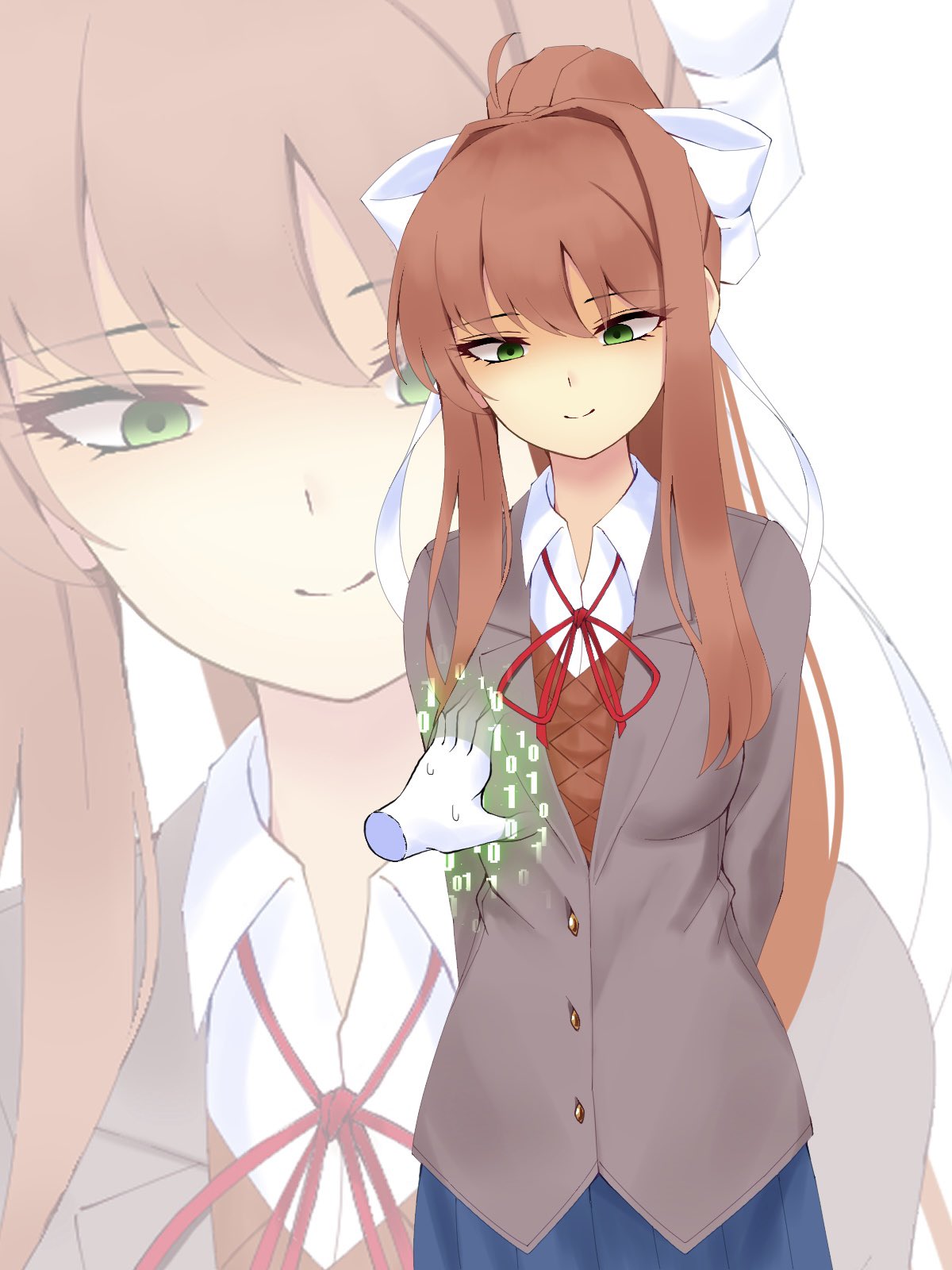 1girls brown_hair color doki_doki_literature_club female female_only fully_clothed fully_clothed_female grabbing_breasts green_eyes miham_moni monika_(doki_doki_literature_club) ponytail ribbon_in_hair school_uniform smile smiling solo solo_female touching_breast white_bow