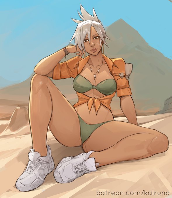 bikini dark-skinned_female dark_skin green_bikini kalruna league_of_legends riven shoes sneakers spiky_hair swimsuit tan white_hair