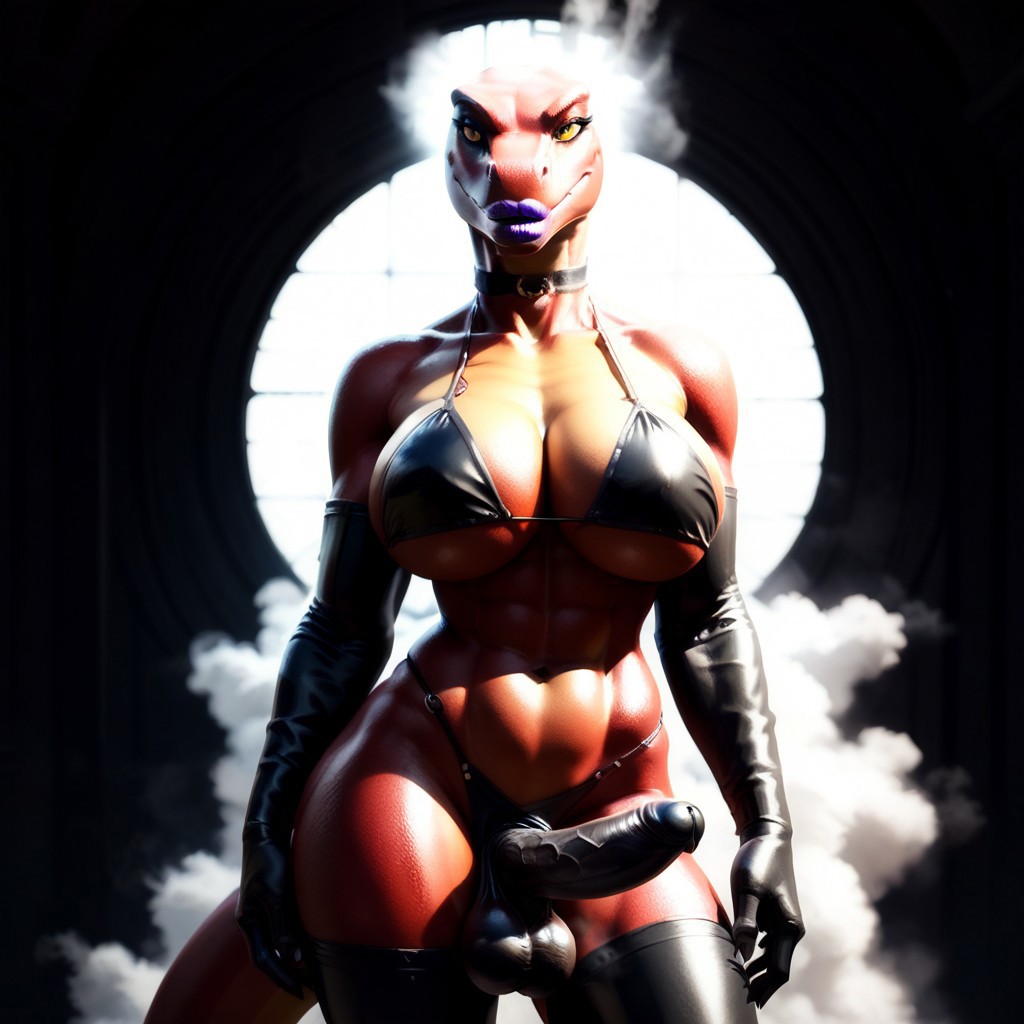 abs ai_generated anthro balls choker elbow_gloves feminine futanari latex latex_bikini_top lizard muscular penis purple_lipstick reptile_humanoid