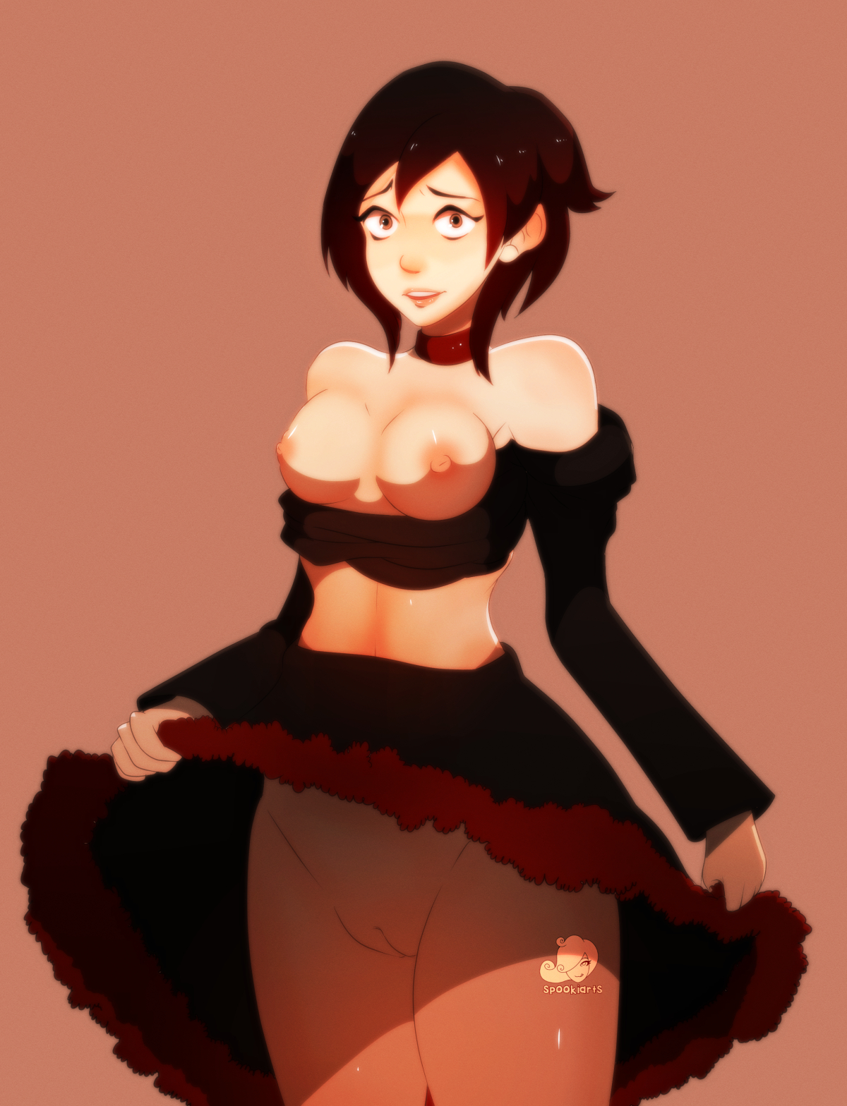 2017, areolae, breasts, female, female only, looking at viewer, nipples, presenting, pussy, ruby rose, rwby, skirt, solo, spookiarts, upskirt
