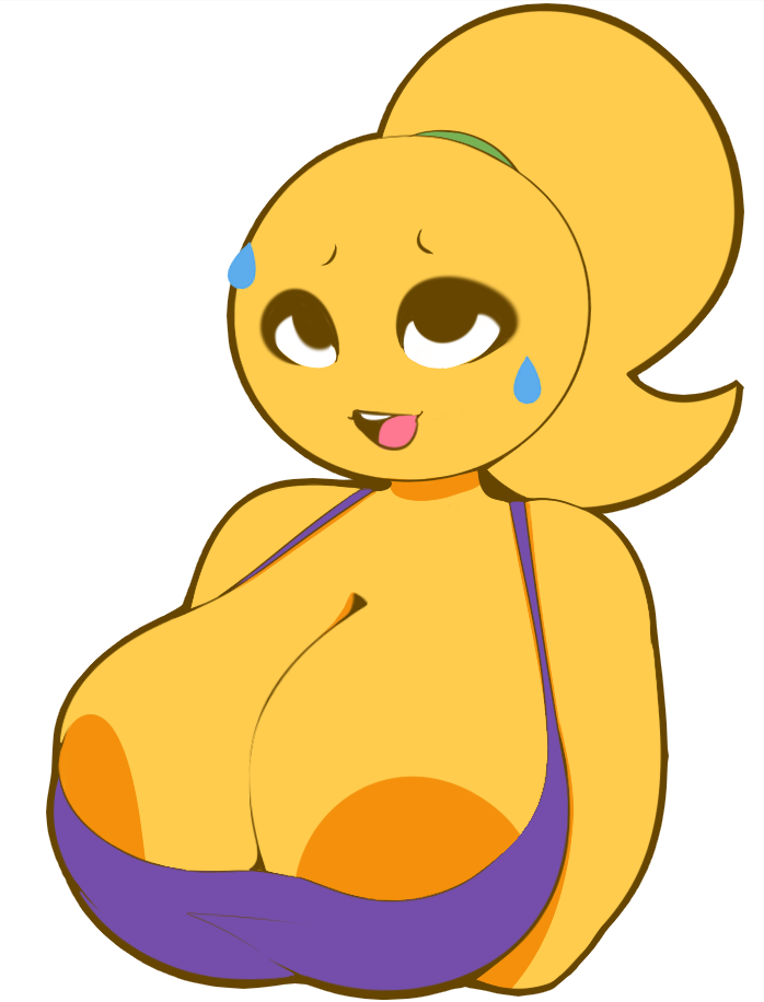 2d bare_shoulders brown_eyes cute emoji emoji_(race) emoji_slut emojifam_(sssir8) female female_only hair hips large_breasts nipple_slip no_nose plantpenetrator ponytail solo sweat teeth thighs yellow-skinned_female yellow_skin