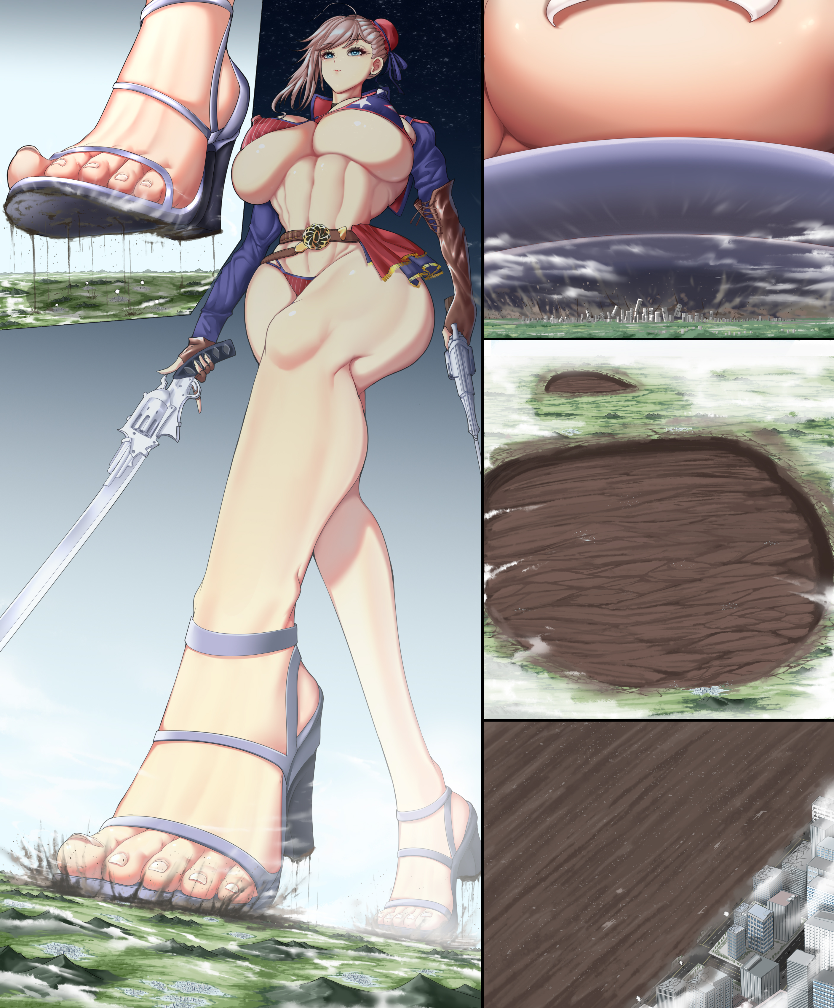 1girls, big breasts, blue eyes, breasts, brown hair, city, destruction, erect nipples, fate (series), feet, female, female only, gabbit, giantess, high heels, huge breasts, hyper giantess, miyamoto musashi (fate), muscular, muscular female, nipple bulge, nipples, skyscraper, toes, walking, weapon