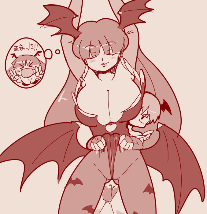 2020s 2024 2girls bat_print bat_wings breasts breasts_bigger_than_head cleavage crotch darkstalkers demon_girl female leotard lilith_aensland long_hair monochrome morrigan_aensland nikusitori pussy_floss reaction_bubble short_hair spandex succubus tagme thought_bubble translation_request