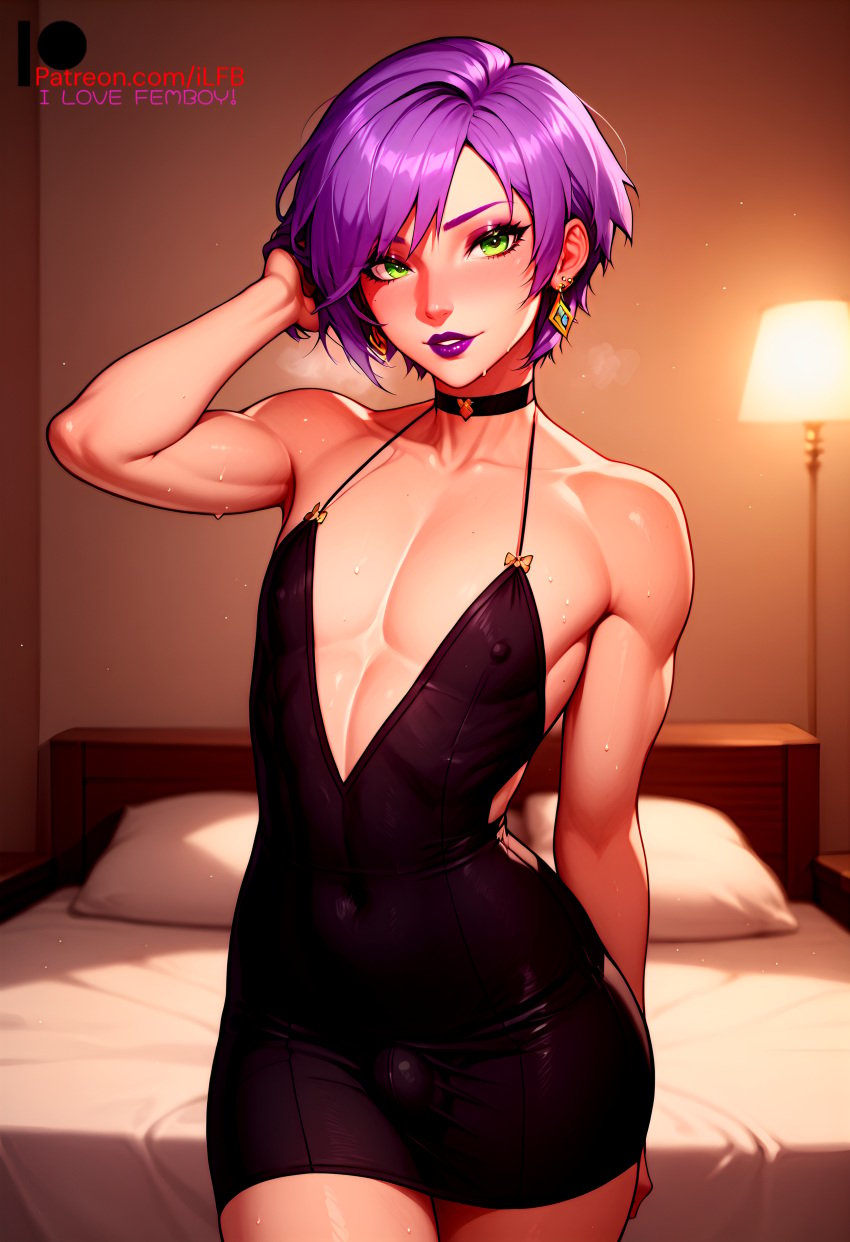 1boy ai_generated bed bedroom bulge bulge_through_clothing dress earrings femboy green_eyes hands_behind_back ilfb looking_at_viewer purple_hair short_hair trap violet_lipstick