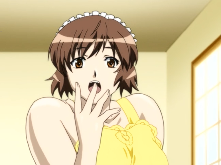 1girls breasts brown_eyes brown_hair brown_hair_female completely_naked completely_naked_female completely_nude completely_nude_female female female_only huge_breasts maid_headdress naked naked_apron naked_female nonomiya_momoko nude nude_female screencap shimai_tsuma_3 shimaizuma_3 shocked_face short_brown_hair yellow_apron