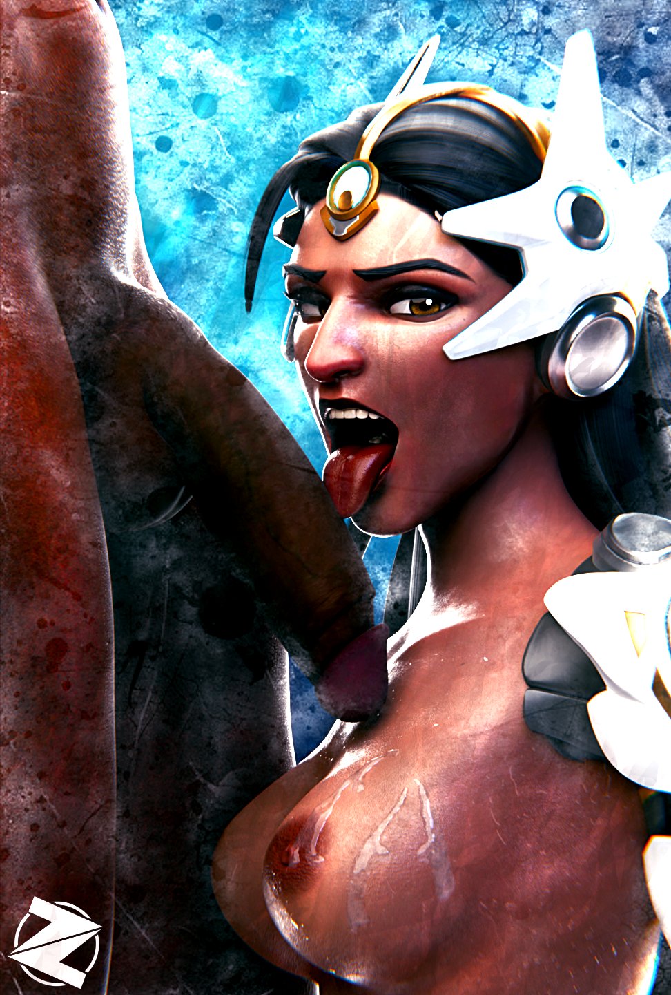 3d cum cum_on_breasts dark-skinned_female dark_skin female indian indian_female male open_mouth overwatch penis symmetra tongue tongue_out zis2nsfw