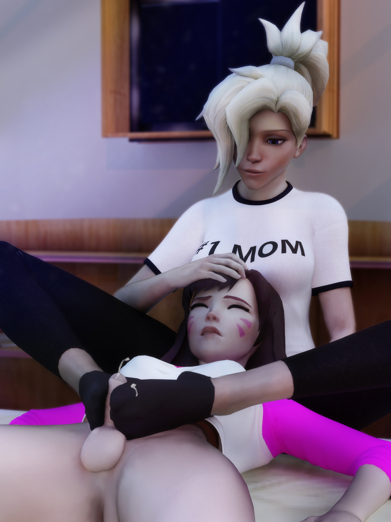 3d, absurdres, alternate costume, asian futa, blizzard entertainment, blonde hair, breasts, brown hair, caucasian female, cleavage, cum, cumshot, d.va, dawadd, dickgirl, erection, feet, female, footjob, footjob with legwear, futa on female, futa with female, futanari, highres, interracial, intersex, mercy, milf, overwatch, penis, small penis, sock on penis, sockjob, socks, yellow hair
