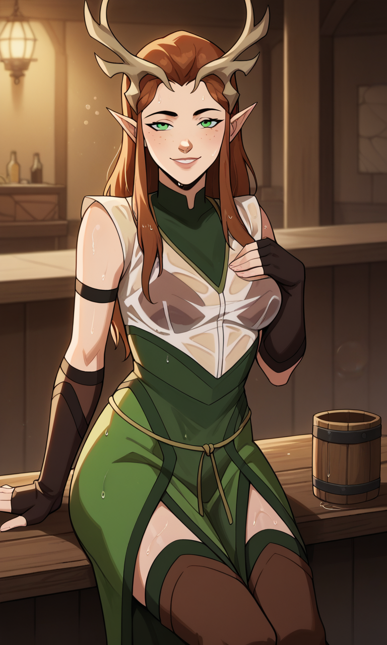 1girls ai_generated antlers ass bigmic145 bra breasts brown_hair critical_role critical_role:_vox_machina curvy drunk elbow_gloves elf elf_ears female female_only freckles green_clothing green_eyes keyleth loincloth long_hair pointy_ears see-through see-through_clothing spilled_drink teasing the_legend_of_vox_machina thigh_boots wet wet_clothes