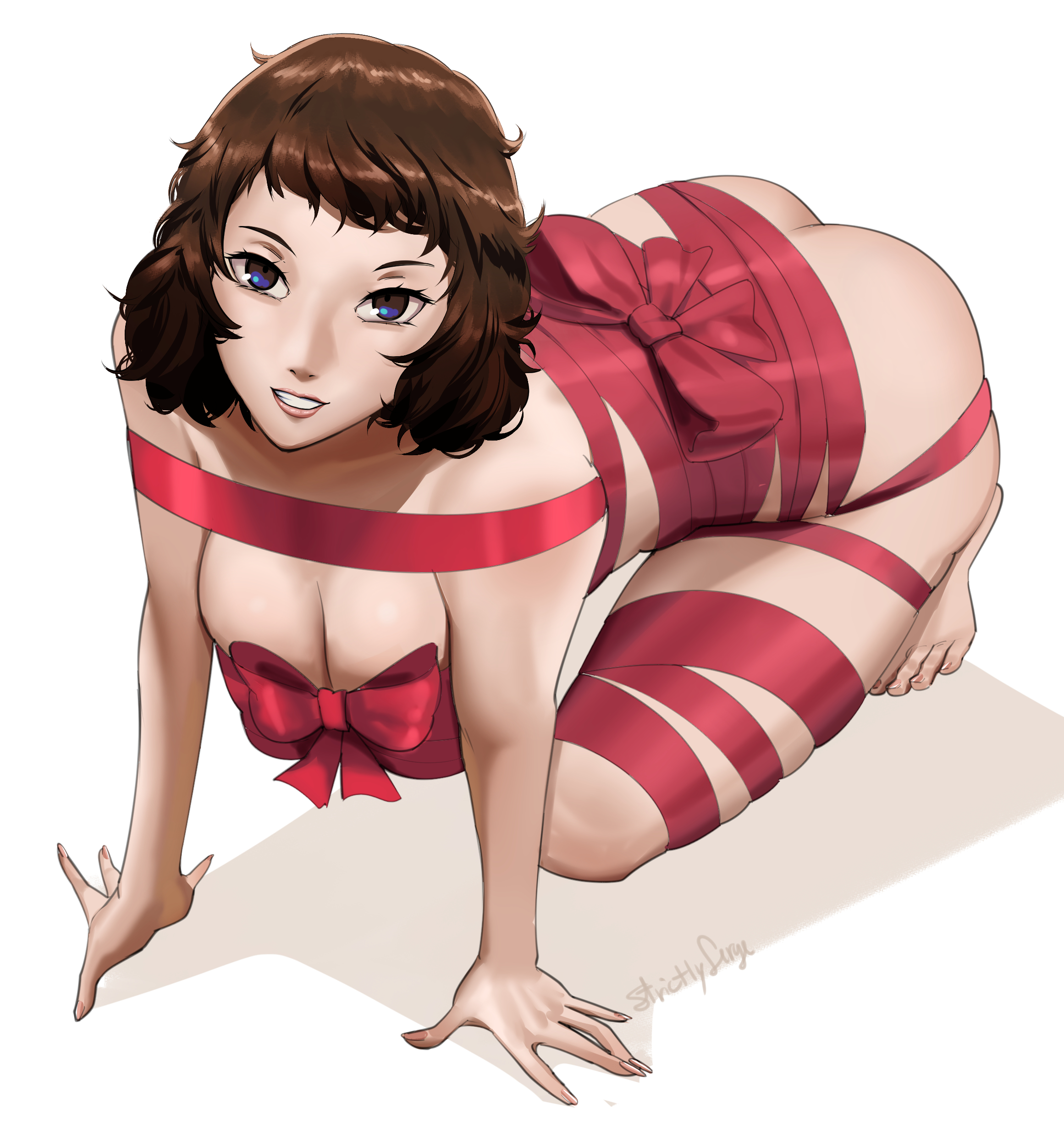 1girls, artist signature, ass, atlus, breasts, brown eyes, brown hair, female, gift wrapped, gift wrapping, megami tensei, on all fours, persona, persona 5, sadayo kawakami, sega, short hair, simple background, smiling, solo, solo female, solo focus, strictlyserge, white background, wrapping