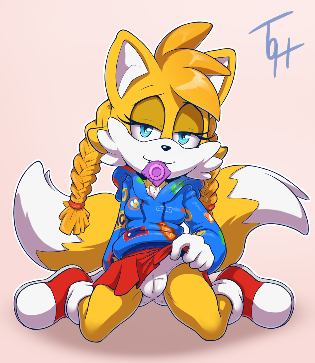 2 tails, anthro, between labia, black nose, blonde hair, blue eyes, blue topwear, cameltoe, canine, clothing, clothing lift, condom, condom in mouth, female, footwear, fox, fur, grey background, grin, hair, hairband, half-closed eyes, hoodie, innie pussy, kneeling, looking at viewer, mammal, multi tail, multicolored fur, panties, plump camel toe, presenting, presenting pussy, pussy, red bottomwear, red footwear, rule 63, shoes, simple background, skirt, skirt lift, smile, solo, sonic (series), sonic the hedgehog (series), tails, tails the fox, tailsko, the other half, twintails, two-tone fur, underwear, white bottomwear, white fur, yellow fur