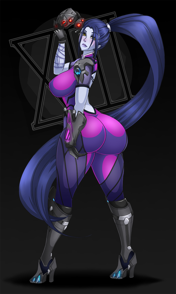 ass big_breasts bodysuit breasts cleavage female female_only huge_ass large_breasts long_hair looking_at_viewer looking_back overwatch ponytail solo tight_clothes waifuholic widowmaker