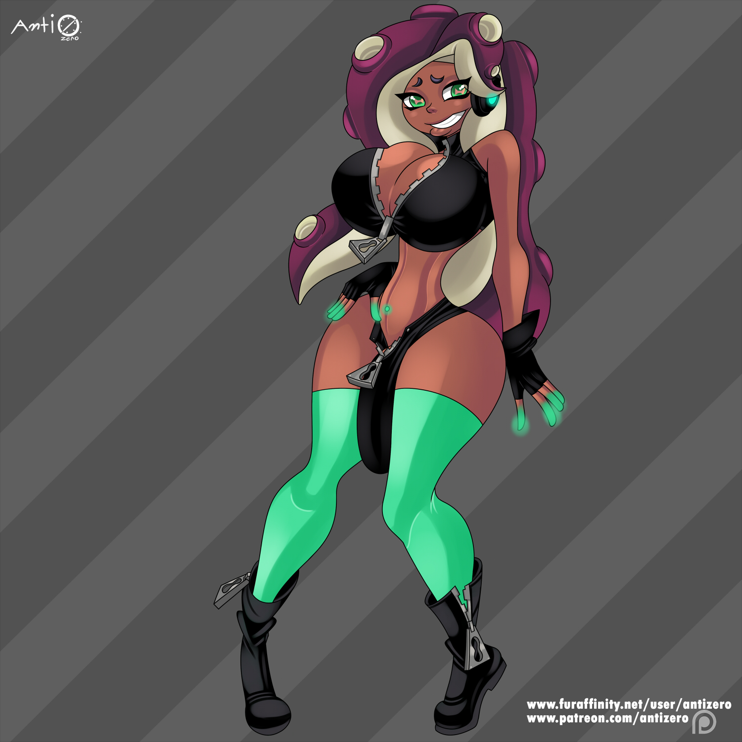 1futa, alternate breast size, antizero, breasts, bulge, cleavage, curvy, dark skin, dark-skinned female, dark-skinned futa, embarrassed, female, futa only, futanari, huge breasts, huge penis, intersex, marina (splatoon), nintendo, octoling, panties, penis, penis bulge, penis in panties, penis under clothes, smile, solo, splatoon, splatoon (series), splatoon 2, tight clothing