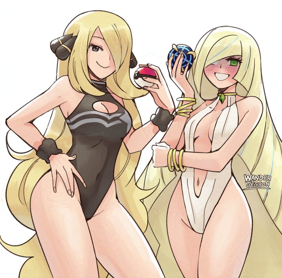 2girls belly_button bikini blush compact_body cynthia_(pokemon) hips inner_sideboob looking_at_viewer lusamine_(pokemon) mature_female milf older_female pokemon pokemon_dppt pokemon_sm smile thick_thighs thighs wanderjegson wide_hips