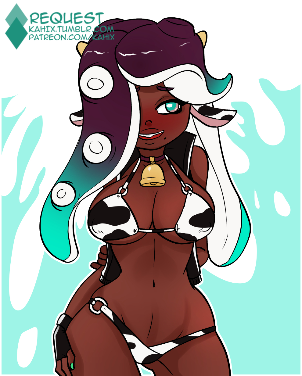 beauty mark, bikini, blush, bra, breasts, cleavage, cow ears, cow girl, cow horns, cow print, cowbell, dark skin, dark-skinned female, female, female only, kahix, marina (splatoon), mole, mole under mouth, navel, nintendo, octoling, solo, splatoon, splatoon (series), splatoon 2, tentacle hair, two-tone hair