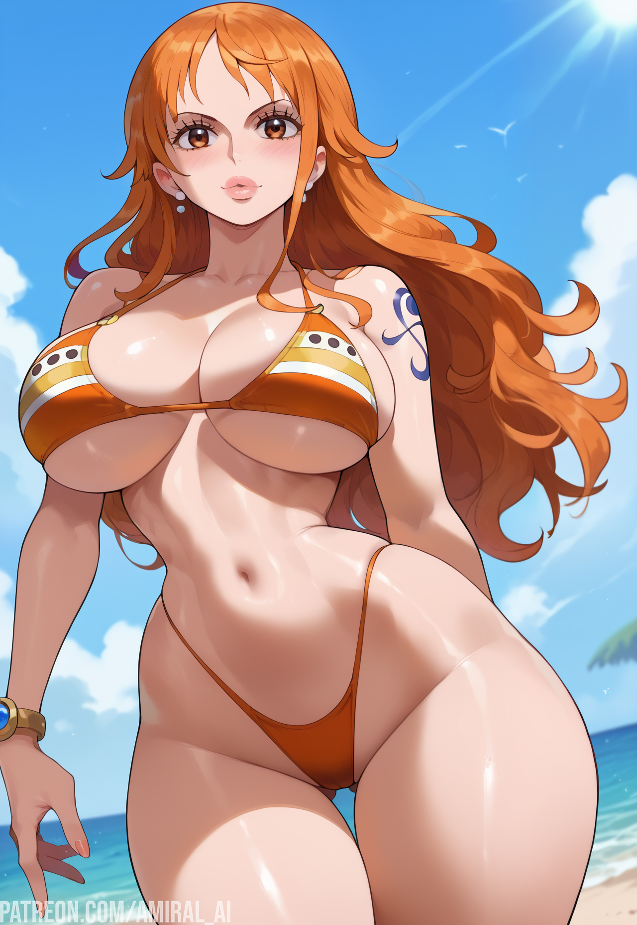 1girls, ai generated, amiral ai, bare legs, bare shoulders, bare thighs, big breasts, bikini, bikini bottom, bikini top, blush, breasts, clothed, clothing, color, female, female focus, female only, hi res, large breasts, light skin, light-skinned female, long hair, looking at viewer, nami (one piece), one piece, orange eyes, orange hair, post-timeskip, shounen jump, solo, solo female, tagme, thick thighs