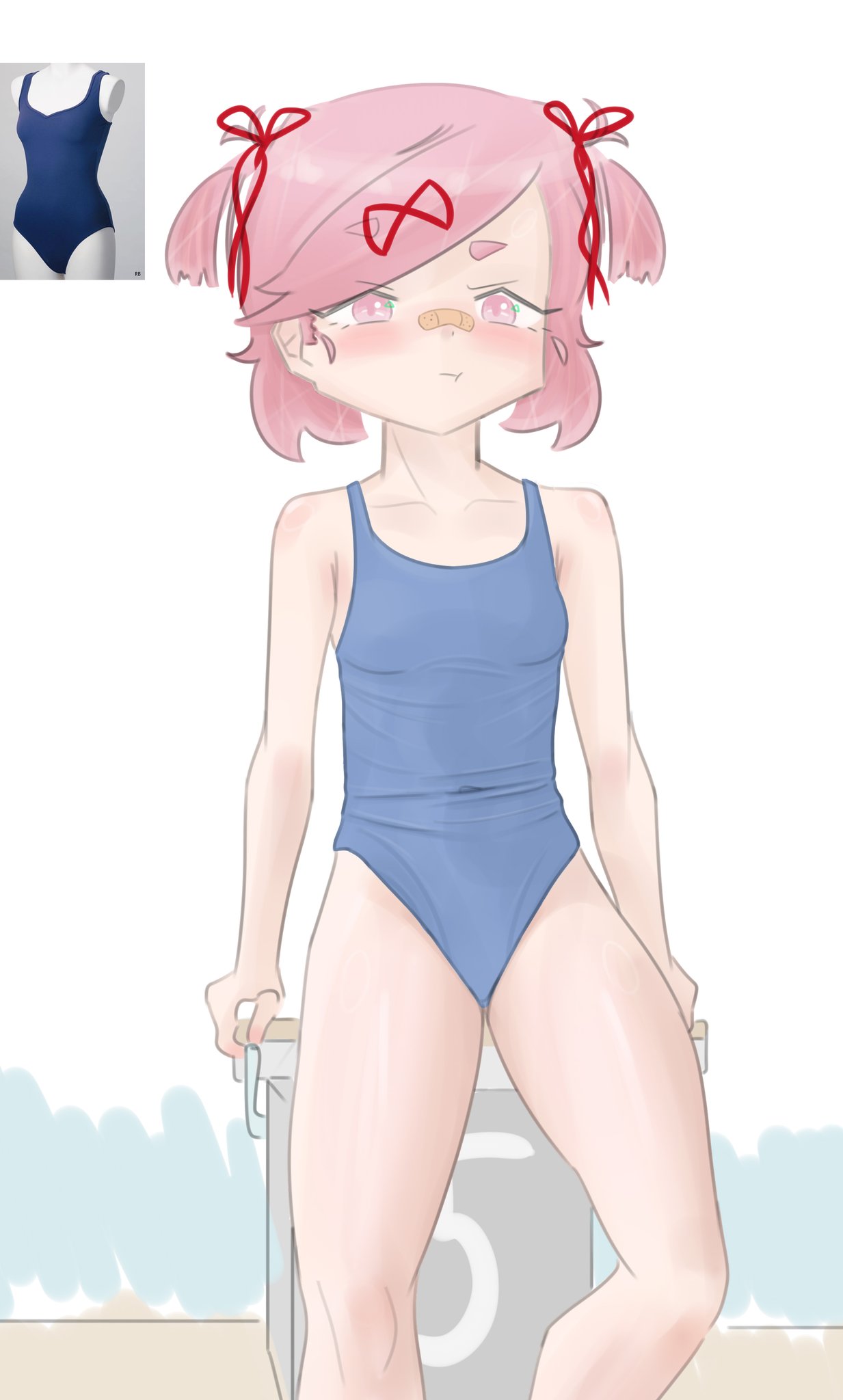 blush blush blushing_female doki_doki_literature_club emiillb natsuki_(doki_doki_literature_club) one_piece_swimsuit swimsuit swimwear