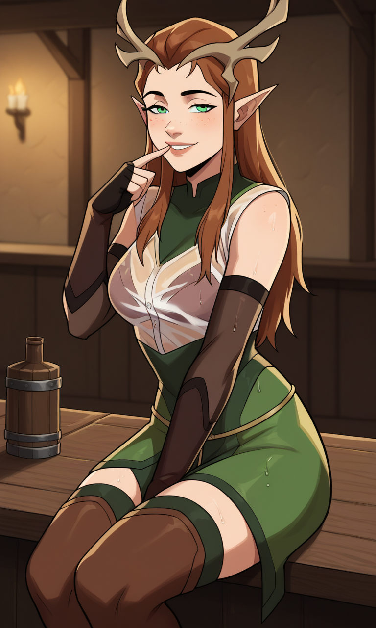 1girls ai_generated antlers ass bigmic145 bra breasts brown_hair critical_role critical_role:_vox_machina curvy drunk elbow_gloves elf elf_ears female female_only freckles green_clothing green_eyes keyleth loincloth long_hair pointy_ears see-through see-through_clothing spilled_drink teasing the_legend_of_vox_machina thigh_boots wet wet_clothes