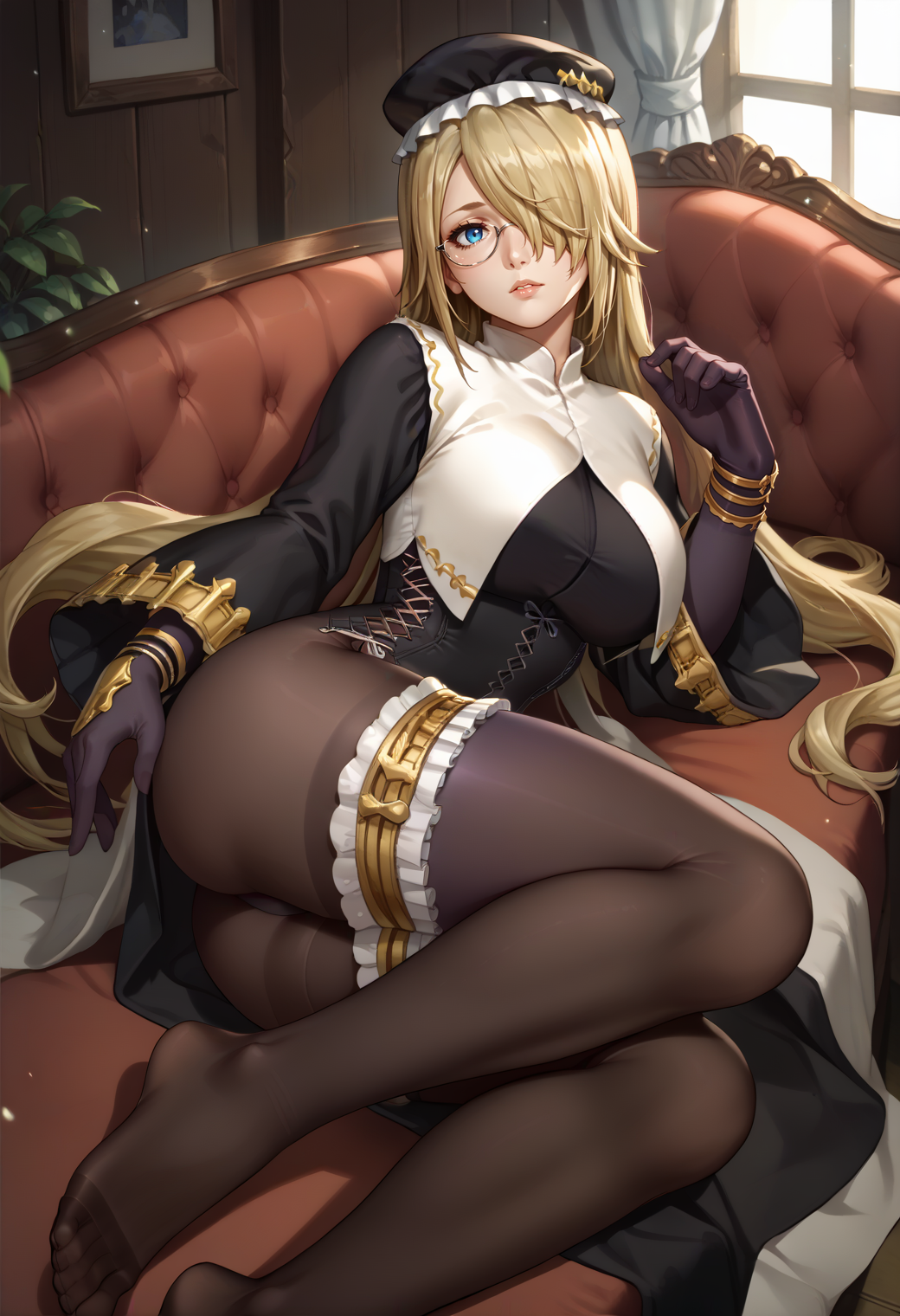 1girls ai_generated ass blonde_female blonde_hair bloodstained:_ritual_of_the_night breasts dominique_baldwin_(bloodstained) female glass hair_over_one_eye hat large_breasts long_hair lying pantyhose seductive thick_thighs thighs