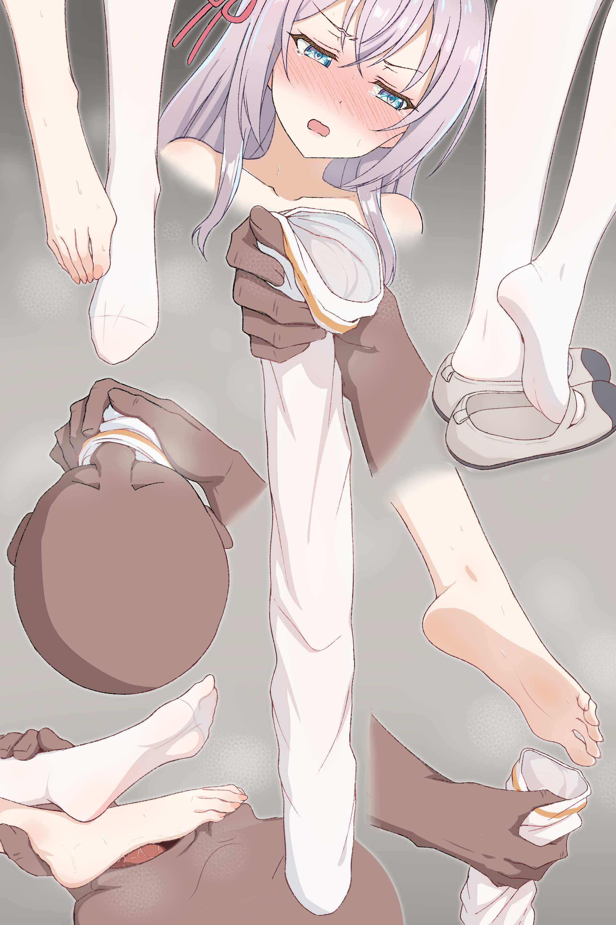 1boy, 1girls, alisa mikhailovna kujou, dark skin, dark-skinned male, feet, female, foot fetish, fz064, light skin, light-skinned female, long hair, male, male/female, older male, older male and younger female, silver hair, tokidoki bosotto russian de dereru tonari no alya-san, white thighhighs