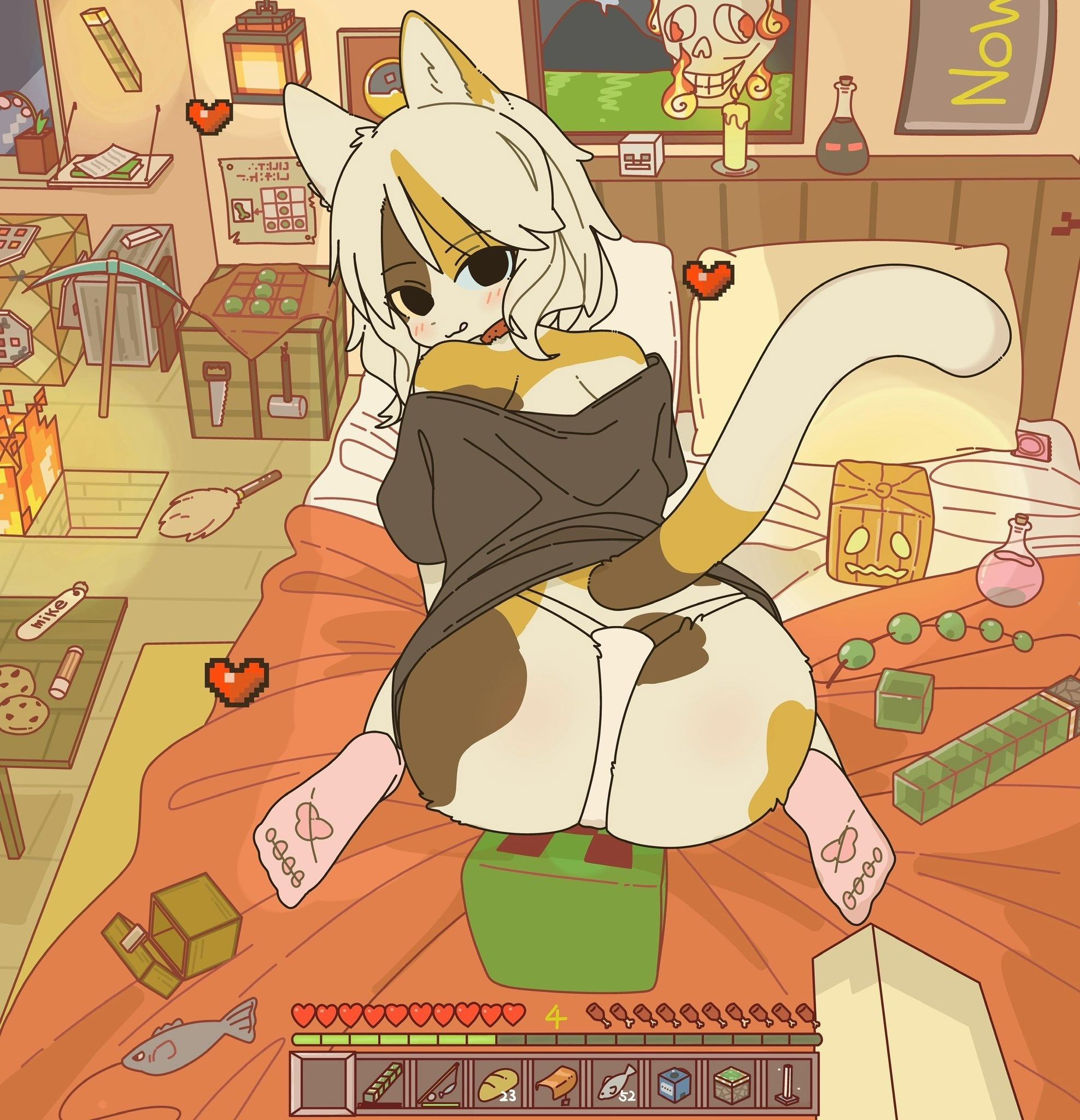 ass, ass focus, cat ears, cat girl, cat tail, catgirl, feline, female, minecraft, open clothes, panties