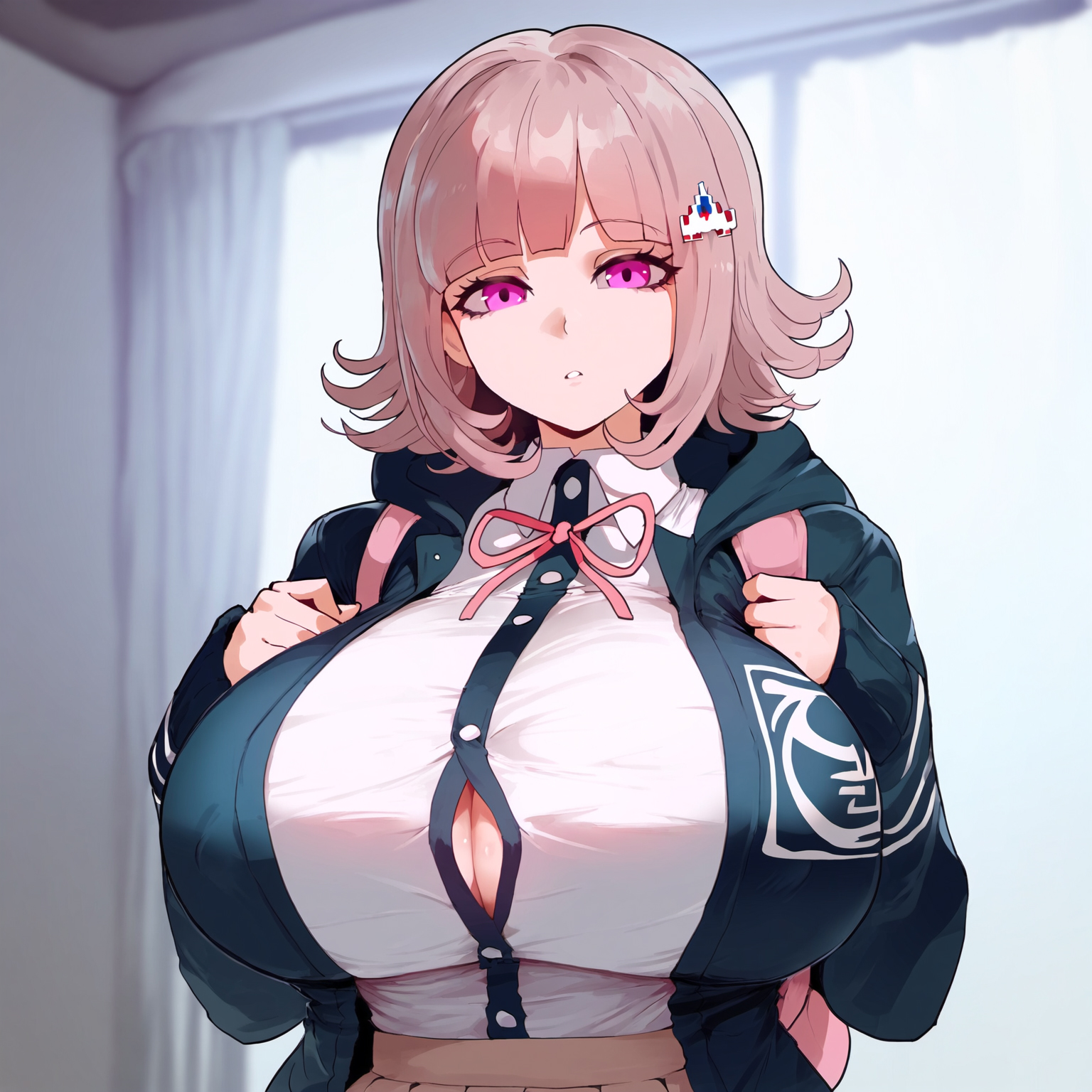 1girls, ai generated, breasts, danganronpa, danganronpa 2: goodbye despair, female, floox, hi res, hips, huge breasts, light skin, light-skinned female, long hair, nanami chiaki, naughty face, pink eyes, pink hair, thick thighs, thighs, voluptuous, wide hips