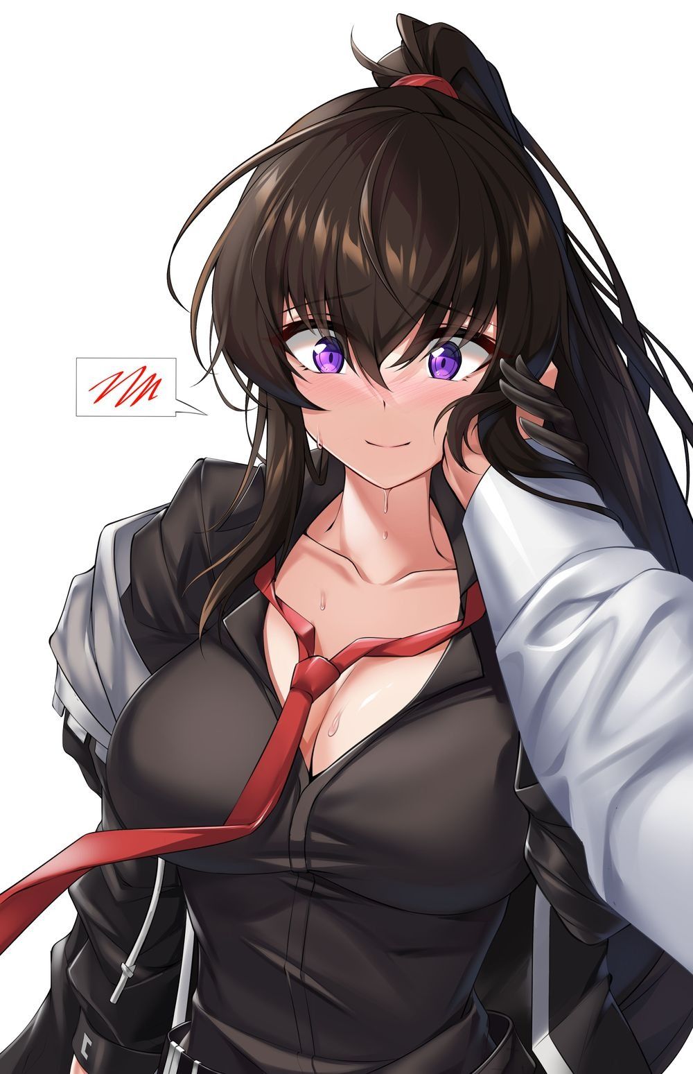 1other black_gloves black_jacket black_shirt blush breasts brown_hair cleavage closed_mouth collarbone collared_shirt commentary_request counter:side elze_(s01047480836) female furrowed_brow gloves grabbing_another's_hand hair_between_eyes hand_on_another's_cheek hand_on_another's_face high_ponytail highres jacket korean_commentary large_breasts light_smile long_hair long_sleeves looking_down loose_necktie necktie off_shoulder pov pov_hands purple_eyes red_necktie shirt sidelocks simple_background solo_focus speech_bubble spoken_blush sweat upper_body white_background white_shirt yoo_mina