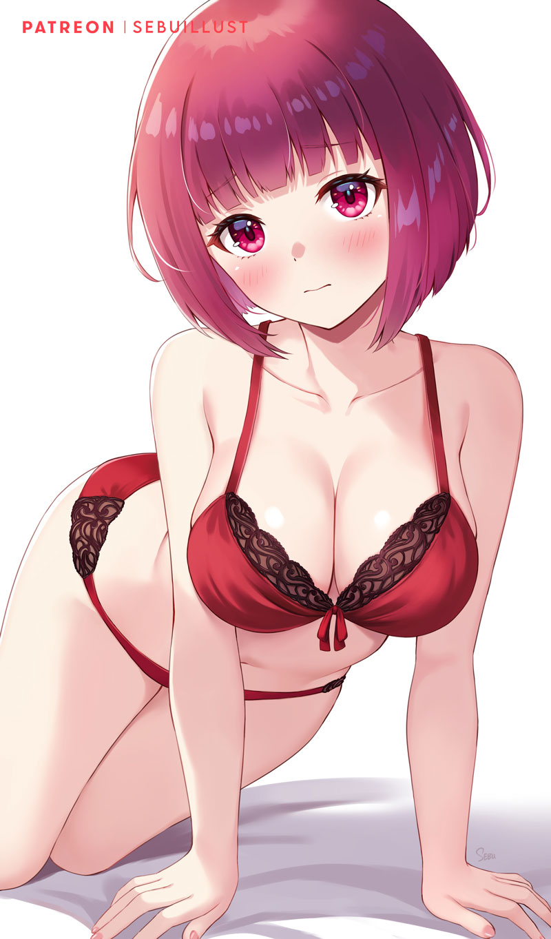 1girls arima_kana artist_name blunt_bangs blush bob_cut bra breasts cleavage closed_mouth collarbone female front-tie_bra hat highres inverted_bob large_breasts light-skinned_female light_skin looking_at_viewer oshi_no_ko panties red_bra red_eyes red_hair red_panties sebu_illust short_hair simple_background solo underwear underwear_only watermark white_background