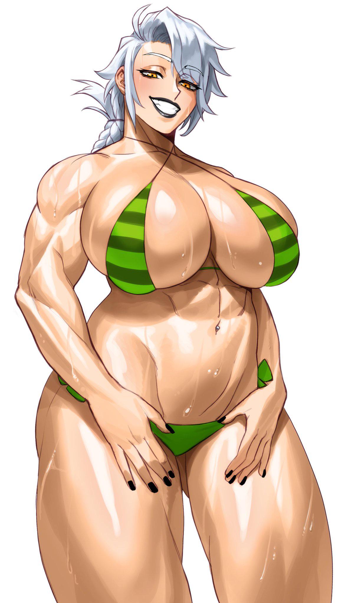 1girls abs belly_button belly_piercing big_breasts bikini black_nails braid braided_ponytail breasts breasts_bigger_than_head cleavage clothing eyebrows_visible_through_hair female female_only green_bikini hi_res huge_breasts human light-skinned_female light_skin muscular muscular_arms muscular_female muscular_thighs original original_character piercing sideboob skindentation smile solo sotcho thick_thighs wet_skin white_background white_hair yellow_eyes