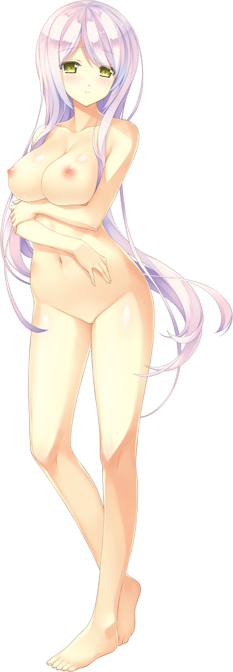 ashishun barefoot breasts female full_body grabbing_own_arm green_eyes highres kuryuu_mashiro large_breasts long_hair looking_at_viewer navel nipples nude official_art pink_hair primal_hearts_2 smile solo transparent_background