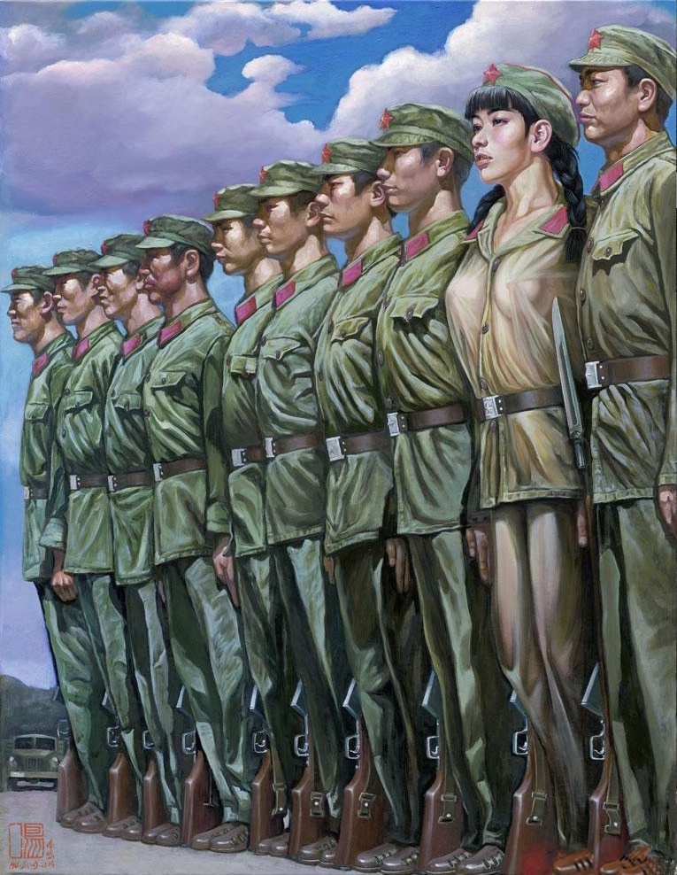 1girls 9boys armed bayonet black_hair china chinese dark_hair female female_focus hu_ming male military military_hat military_uniform multiple_boys no_sex painting_(artwork) red_star sky standing visible_nipples weapon