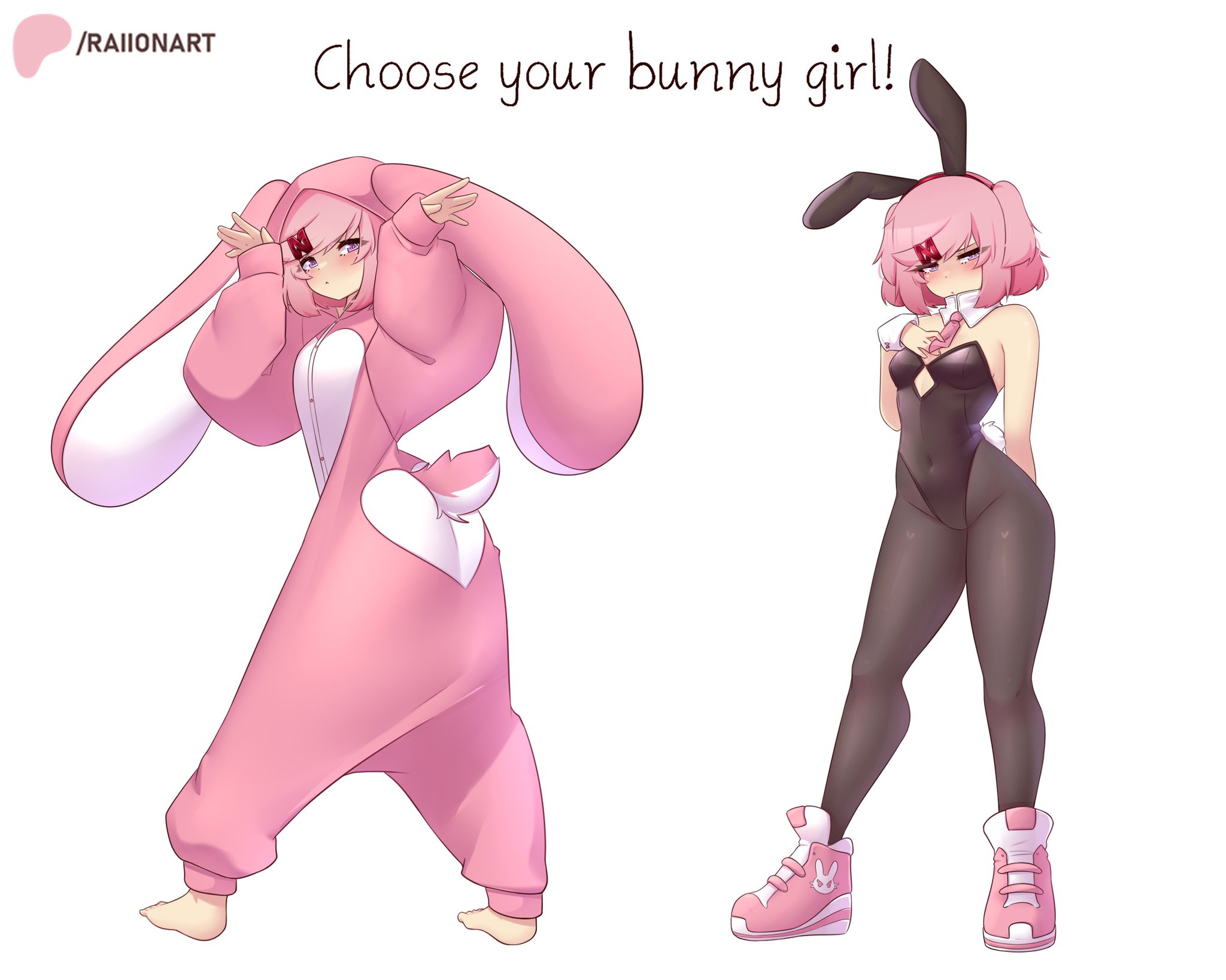 bunny ears, bunny girl, bunny tail, bunnysuit, doki doki literature club, natsuki (doki doki literature club), pantyhose, raionart