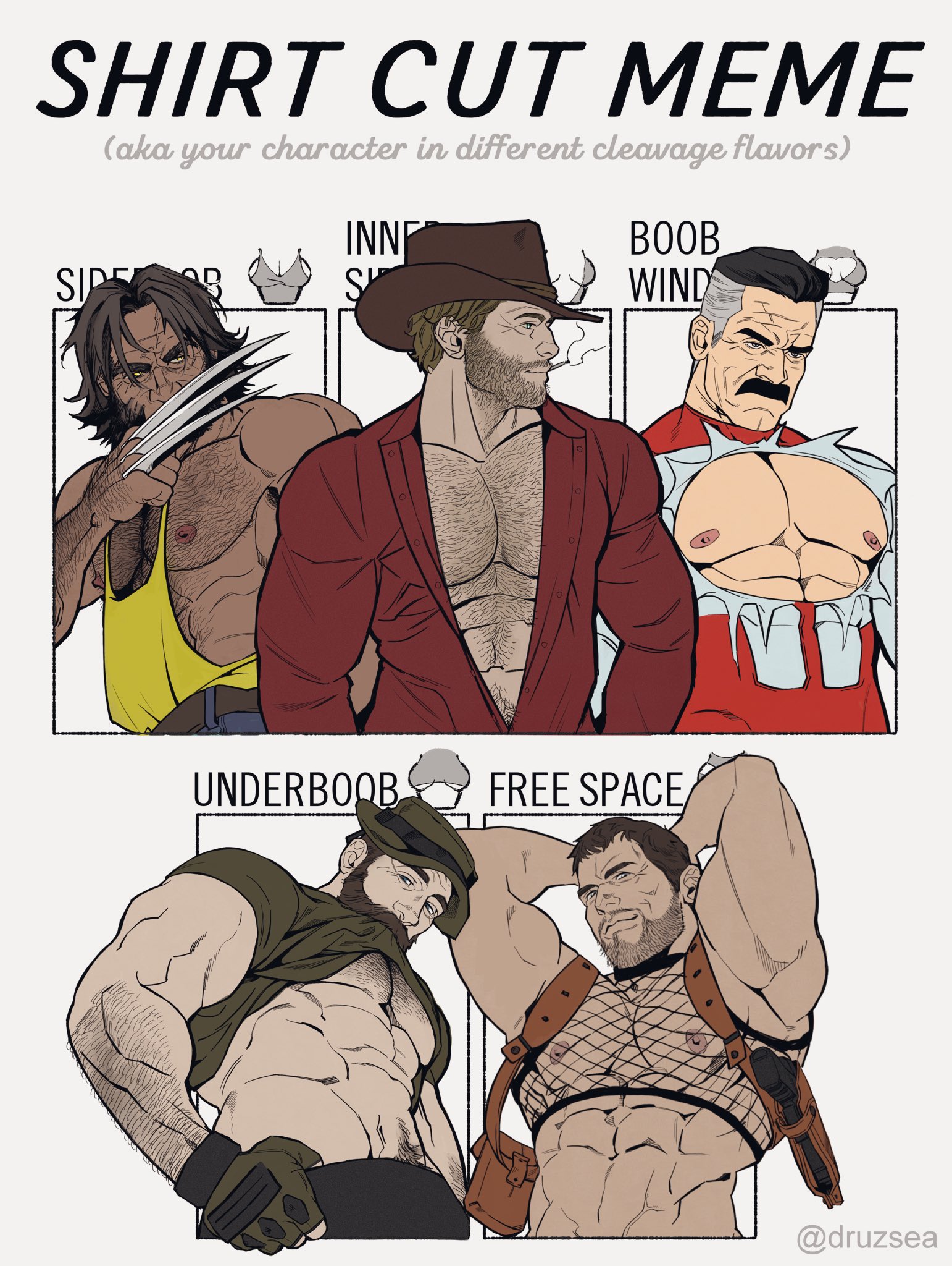 arthur morgan, bara, beard, big pecs, bonjourdraws, call of duty, call of duty modern warfare 2 (2022), captain price, chest hair, chris redfield, daddy, dilf, gay, hairy, hairy male, hat, invincible, invincible (tv series), james howlett, john price, logan (x-men), male, male only, marvel, marvel comics, marvel rivals, moustache, multiple boys, multiple males, muscular, muscular male, no visible genitalia, nolan grayson, omni-man, red dead redemption (series), red dead redemption 2, resident evil, ripped clothing, shirt cut meme, union suit, wolverine (x-men), yaoi