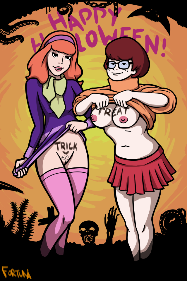 2girls areolae big_breasts bob_fortuna body_writing breasts brown_hair busty daphne_blake exhibitionism female female_focus female_only flashing flashing_breasts flashing_pussy halloween hourglass_figure long_hair nipples pussy red_hair scooby-doo short_hair vagina velma_dinkley wide_hips