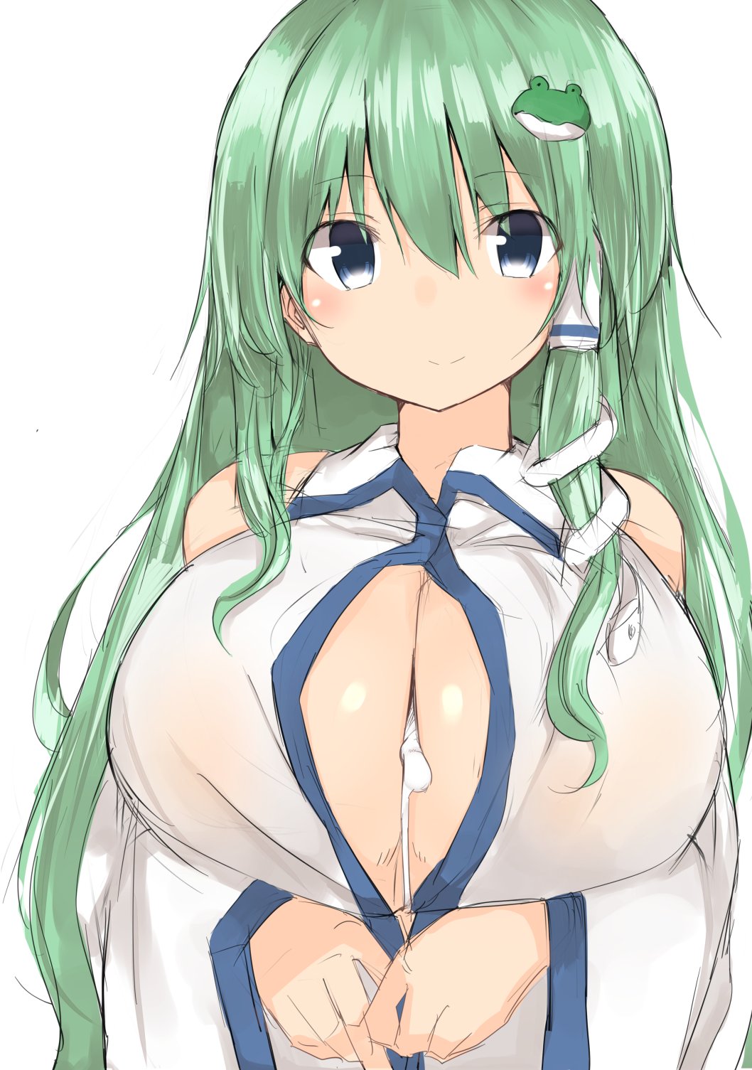 bangs blue_eyes breasts cleavage cum cum_on_body cum_on_breasts cum_on_upper_body cumdrip eyebrows_visible_through_hair female frog_hair_ornament golgi_hon green_eyes green_hair hair_between_eyes hair_ornament hair_tubes highres large_breasts long_hair looking_at_viewer sanae_kochiya sidelocks simple_background smile snake_hair_ornament solo touhou upper_body white_background