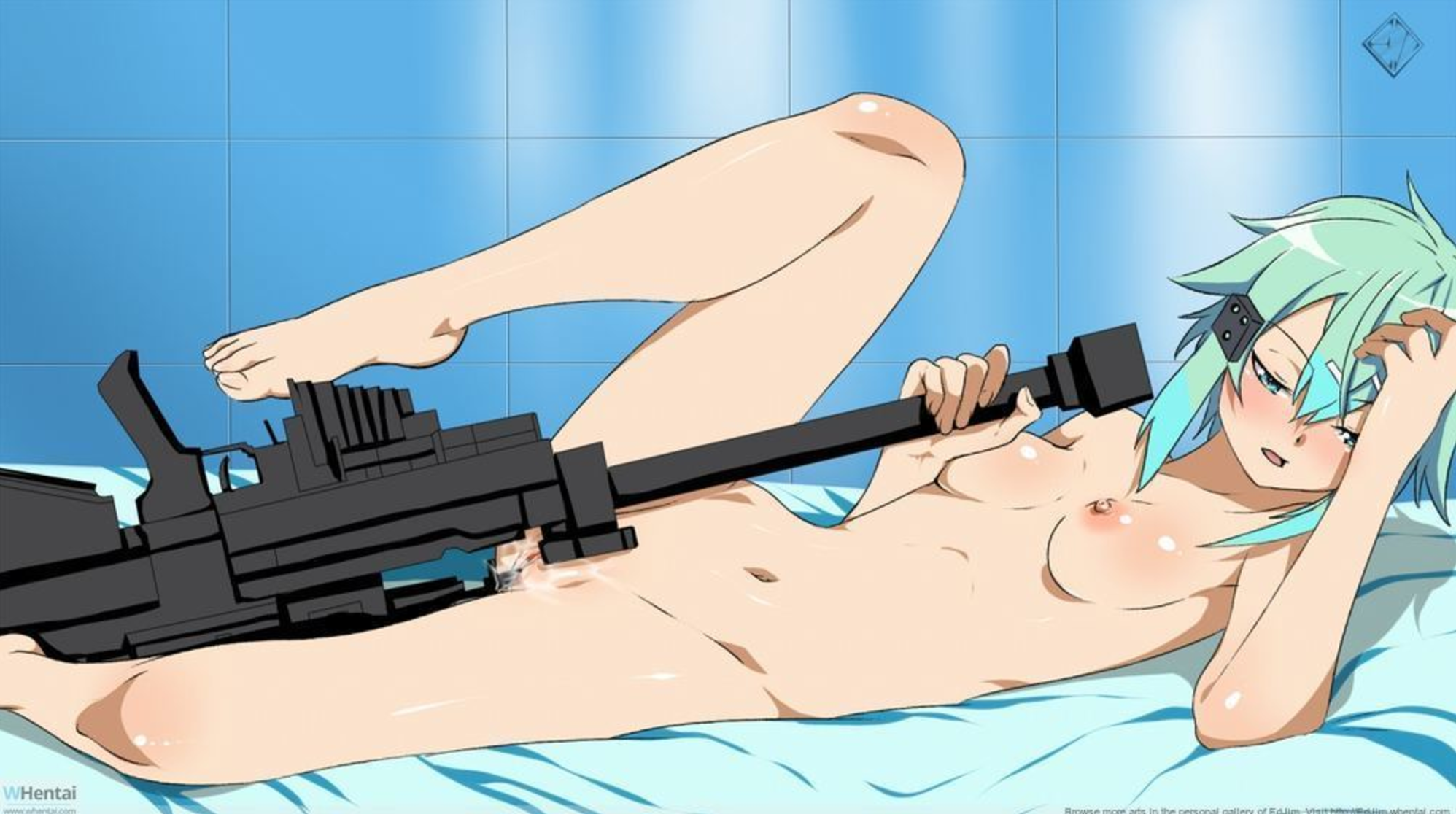 1girls, asada shino, barefoot, blue eyes, blue hair, blush, breasts, censored, completely nude, ed-jim, female, female only, gun, gun gale online, gun in pussy, gun play, masturbating with weapon, masturbation, mosaic censoring, naked, naked female, naughty face, nipples, nude, nude female, open mouth, pgm ultima ratio hecate ii, pussy, sinon, small breasts, solo, solo female, sword art online, vaginal penetration, whentai