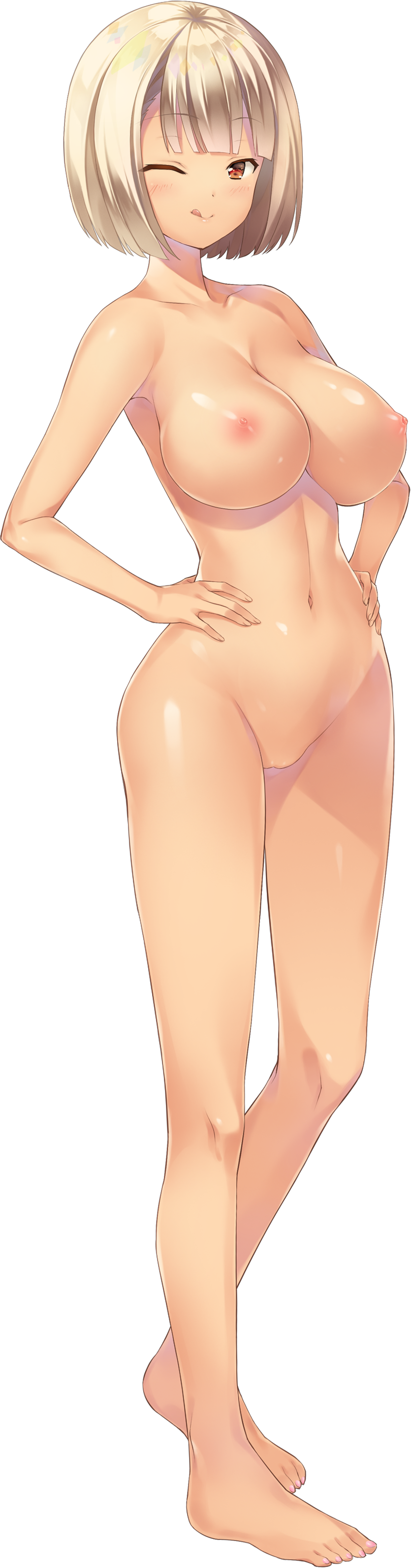 ;q absurdres ashishun barefoot blush bob_cut breasts eyebrows_visible_through_hair female full_body hands_on_hips highres jc_(ouchi_ni_kaeru_made_ga_mashimaro_desu) large_breasts looking_at_viewer nail_polish navel nipples nude official_art one_eye_closed ouchi_ni_kaeru_made_ga_mashimaro_desu red_eyes solo tongue tongue_out transparent_background wings