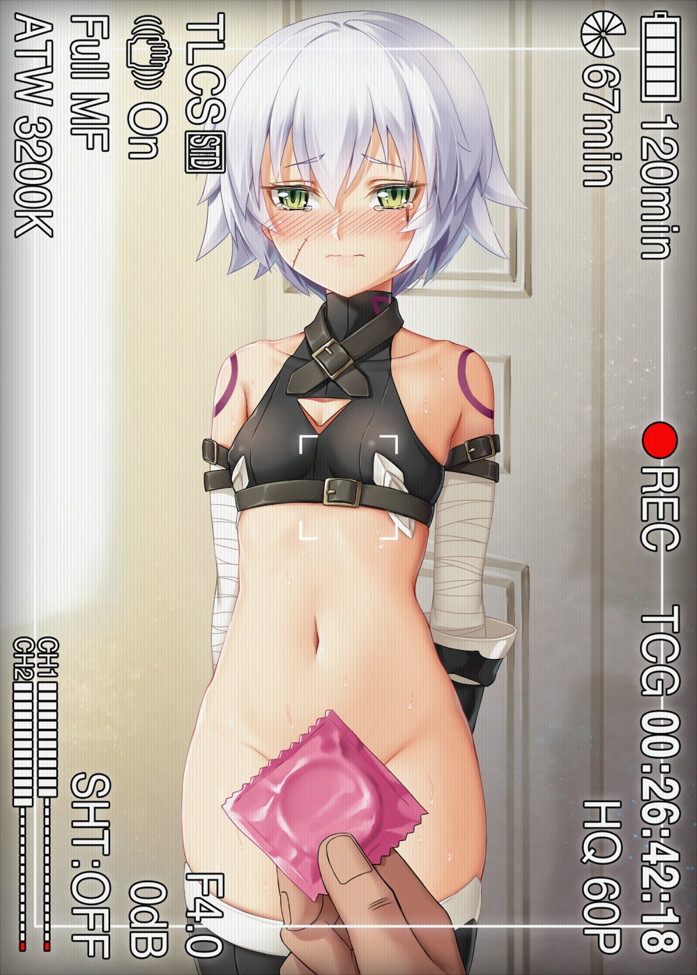 arm_belt arms_behind_back ass_visible_through_thighs assassin_of_black bandage bandaged_arm bare_shoulders black_legwear blush bottomless camera censored condom condom_wrapper cowboy_shot crop_top embarrassed fate/apocrypha fate_(series) female green_eyes haneru highres holding holding_condom jack_the_ripper_(fate/apocrypha) navel nose_blush out_of_frame petite pov pov_hands recording scar scar_across_eye short_hair silver_hair solo_focus standing stomach sweat tears thighhighs thighs turtleneck viewfinder