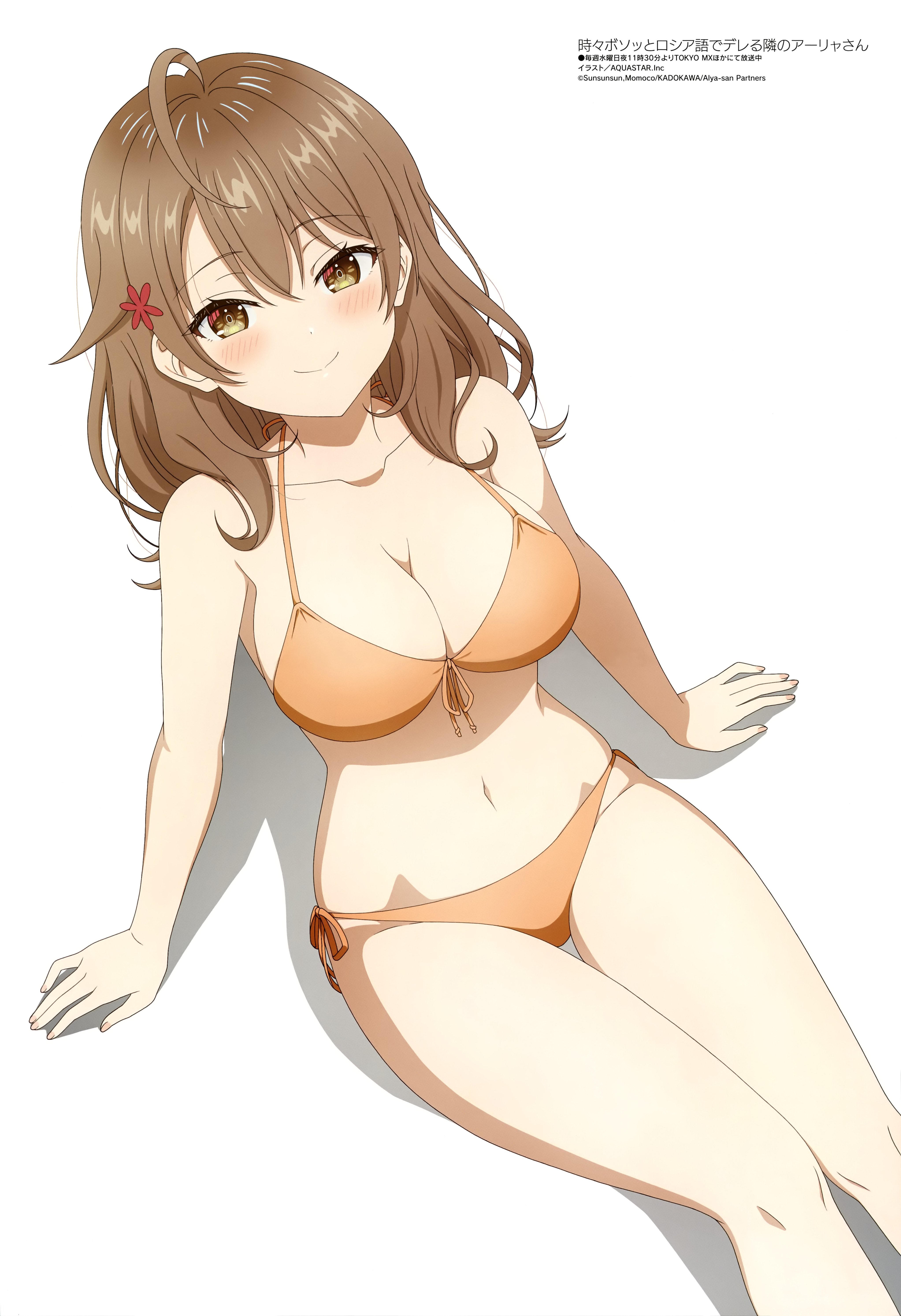 1girls, ahoge, ass visible through thighs, bare arms, bare belly, bare legs, bare shoulders, bare thighs, belly button, big breasts, bikini, blush, breasts, brown eyes, brown hair, cleavage, closed mouth, collarbone, female, female only, hair ornament, long hair, maria mikhailovna kujou, megami magazine, official art, orange bikini, russian, side-tie bikini bottom, sideboob, sitting, smile, smiling, solo, thighs, tokidoki bosotto russian de dereru tonari no alya-san, wide hips