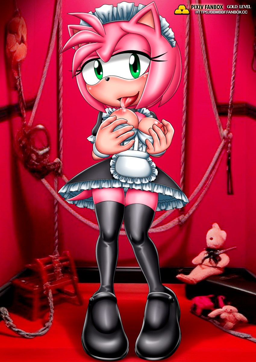 1girls amy_rose bbmbbf blush breasts breasts_out dress female gold_level green_eyes licking_nipples licking_own_nipple maid maid_headdress maid_uniform nipples palcomix pietros_secret_club pink_fur red_background sega self_breast_sucking shoes solo sonic_(series) sonic_the_hedgehog_(series) stockings tongue tongue_out