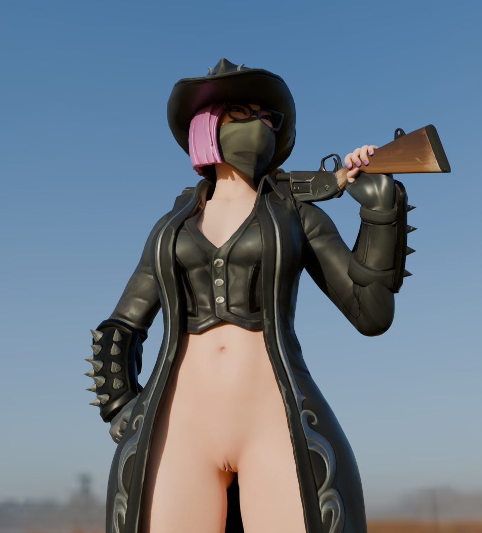 1girls 3d_(artwork) blender calamity_(fortnite) cowboy_hat cowgirl female fortnite glasses hi_res holding_weapon lynx_(fortnite) masked_female no_pants pink_hair plentysession pussy vagina western