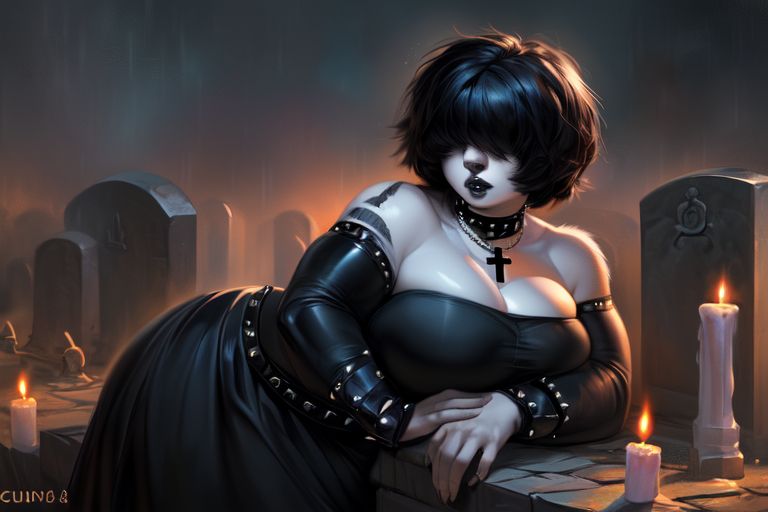 ai_generated arm_stockings black_dress black_hair candlelight candles choker chubby chubby_female covered_eyes eyes_covered goth goth_clothing goth_girl gravestone graveyard hair_covering_eyes huge_breasts josie_(euclidbeing) long_dress original_character raining short_hair thick_thighs tombstone