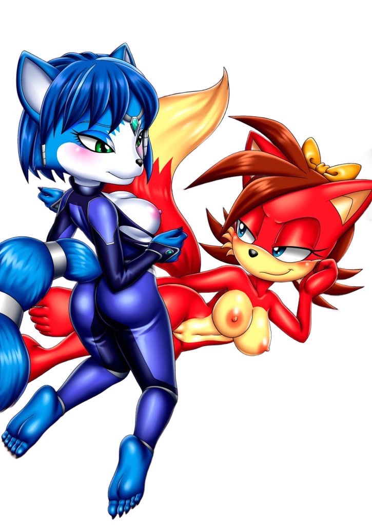 2_girls bbmbbf blue_fur blue_hair blush feet fiona_fox krystal looking_at_another mobius_unleashed nintendo palcomix red_fur red_hair sega soles sonic_(series) sonic_the_hedgehog_(series) star_fox toes undressing