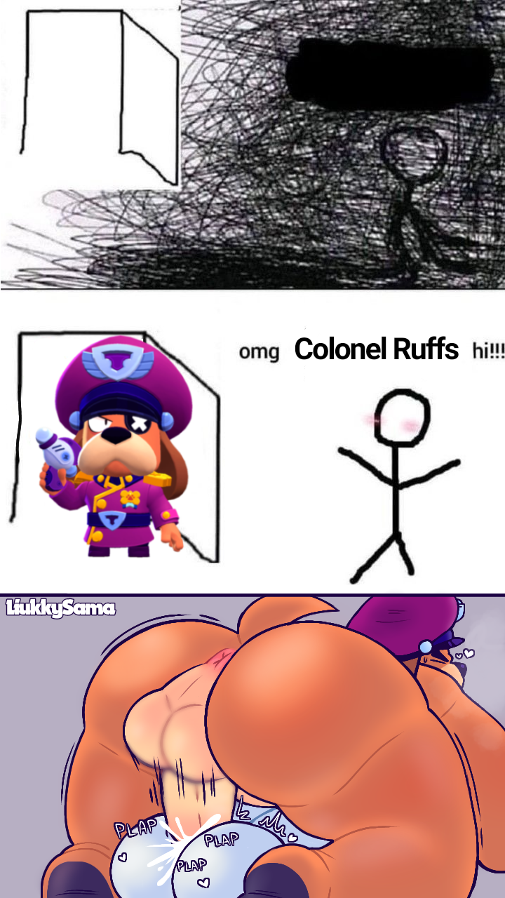 9:16 ambiguous_gender anal anthro ass balls big_balls big_butt bodily_fluids brawl_stars canid canine canis colonel_ruffs_(brawl_stars) cum cum_in_ass cum_inside domestic_dog from_front_position genital_fluids genitals hi_res humanoid liukky male mammal mating_press meme omg_hi! sex size_difference supercell_(company) y/n