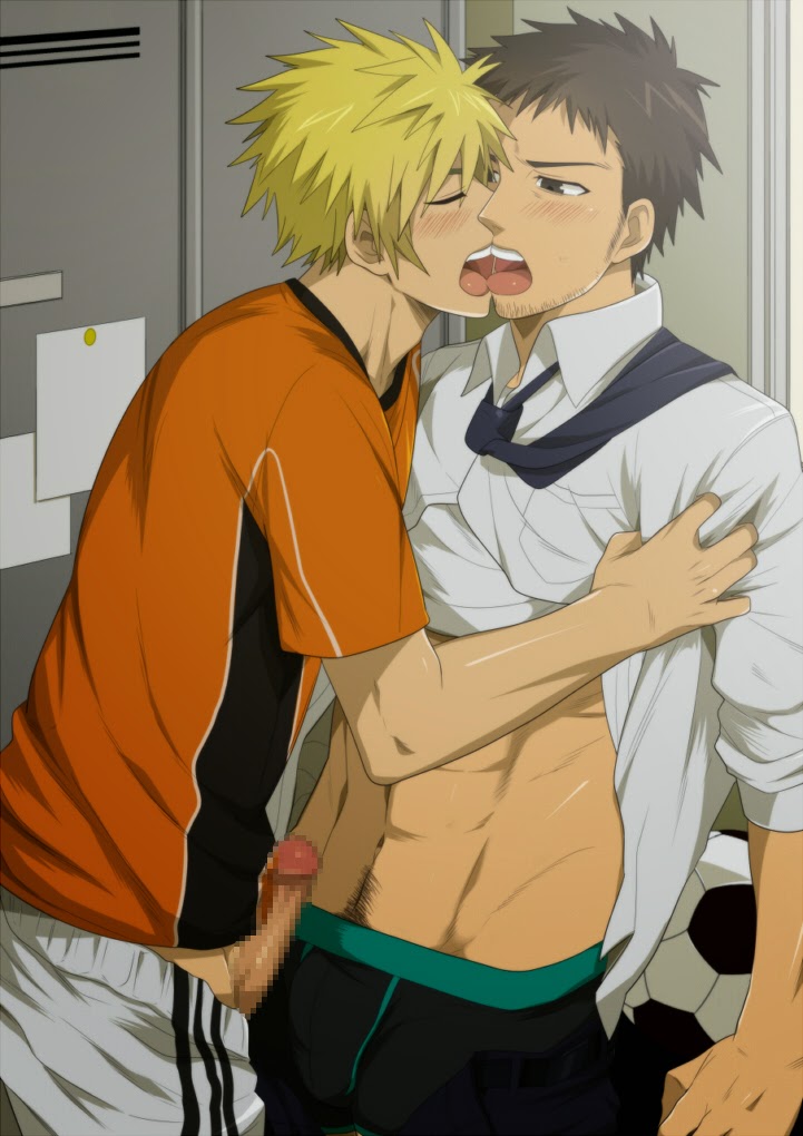 2boys abs blonde_hair brown_hair drooling erection kissing licking male multiple_boys necktie penis resfrio saliva school shirt_lift student teacher teeth tongue undressing yaoi