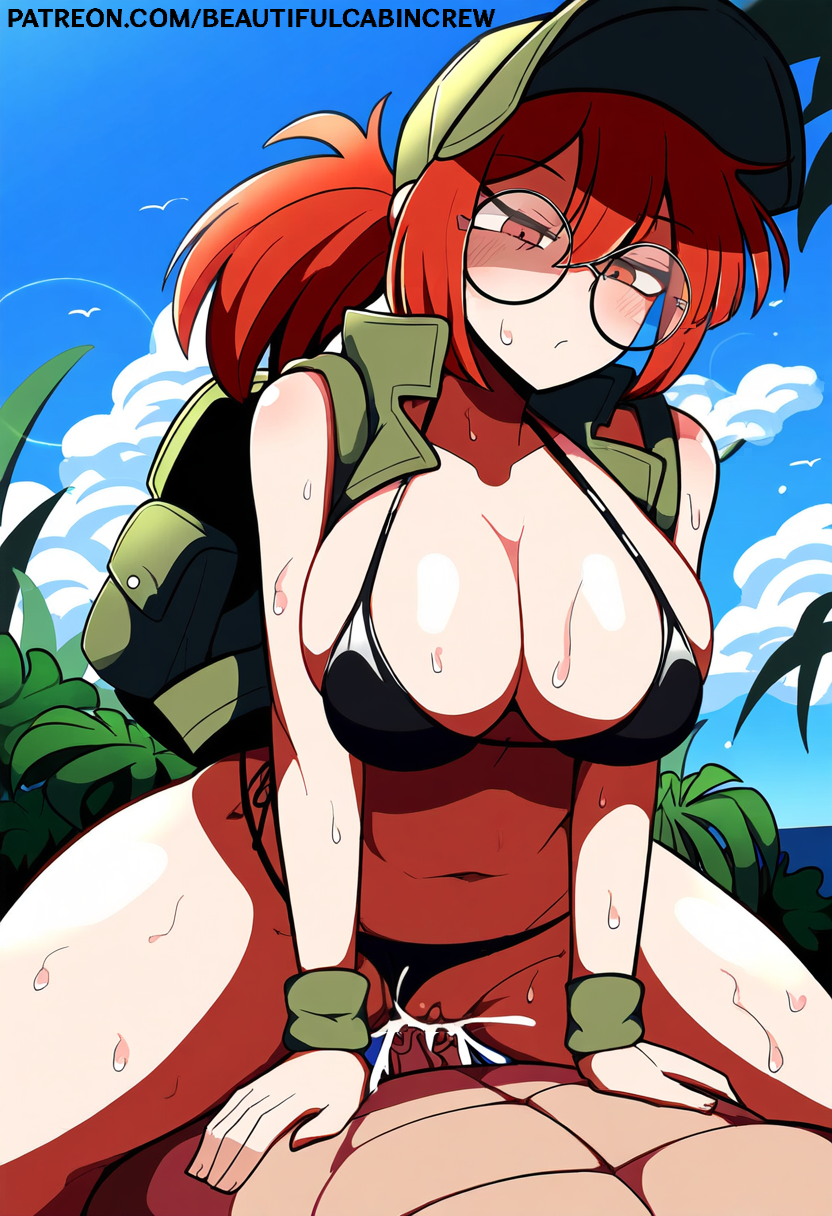 1boy 2024 ai_generated beautifulcabincrew bikini bikini_aside black_bikini breasts brown_hair clothed_sex cowgirl_position cum cum_in_pussy cum_inside female fio_germi glasses jungle large_breasts metal_slug military_hat military_uniform patreon round_glasses serious snk vaginal_penetration vaginal_penetration