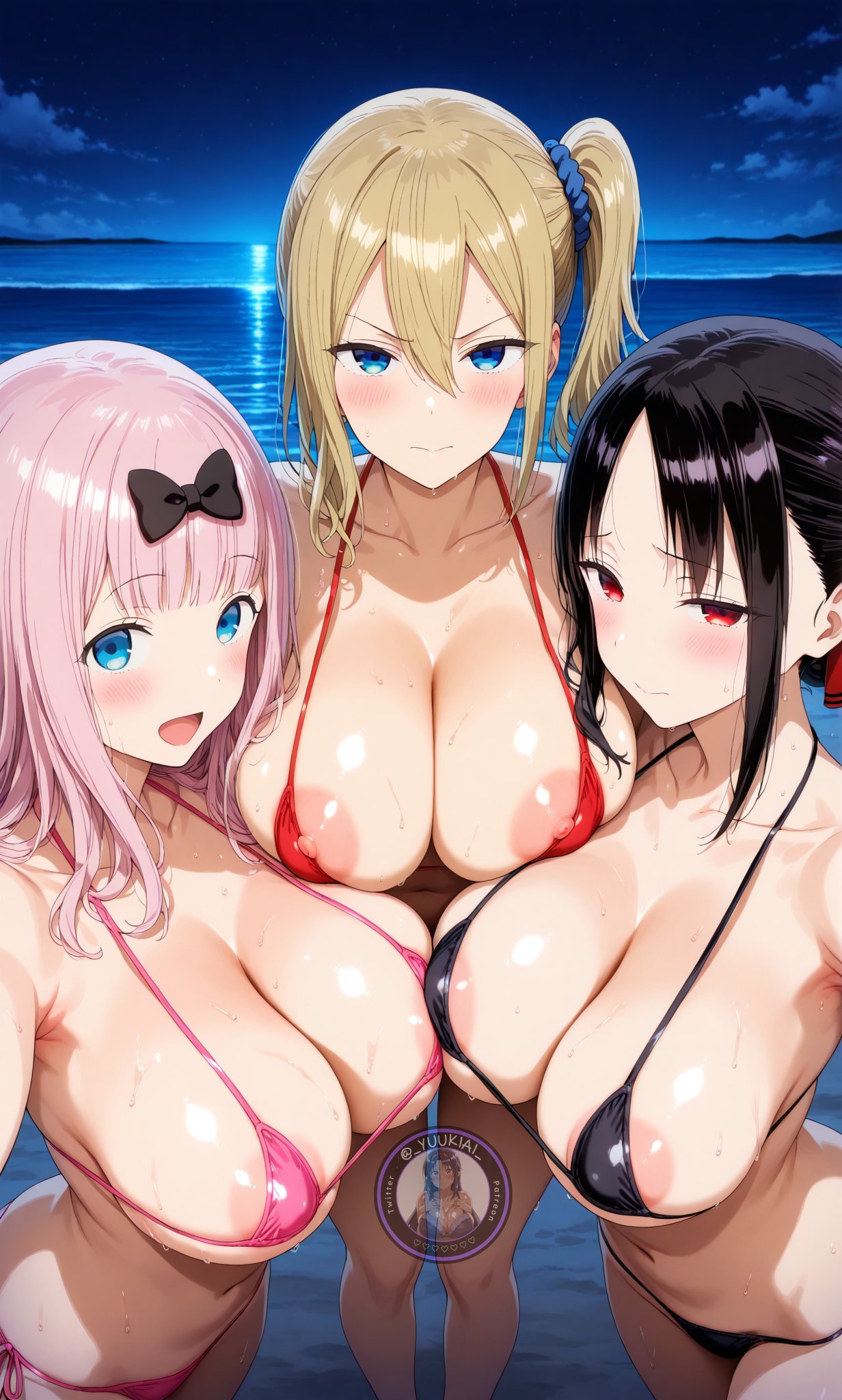 3girls ai_generated bikini breasts female female_only fujiwara_chika hayasaka_ai kaguya-sama_wa_kokurasetai_~tensai-tachi_no_renai_zunousen~ large_breasts light-skinned_female light_skin looking_at_viewer shinomiya_kaguya shiny_skin swimsuit thick_thighs thighs wet wide_hips yuukiai