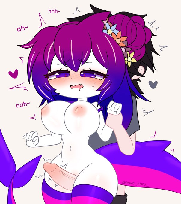1boy, 1girls, big breasts, big penis, breasts, eyes half closed, eyes half open, female, female focus, gacha, hearts around head, hooded eyes, lewd haru (artist), male, partial male, penis, straight, striped thighhighs, tail, thigh sex, thighhighs